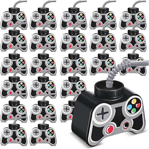 Mifoci 24 vasos de plástico para videojuegos con tapa de pajilla, 12 onzas, reutilizables, juego de fiesta temática de jugadores, juego en botella
