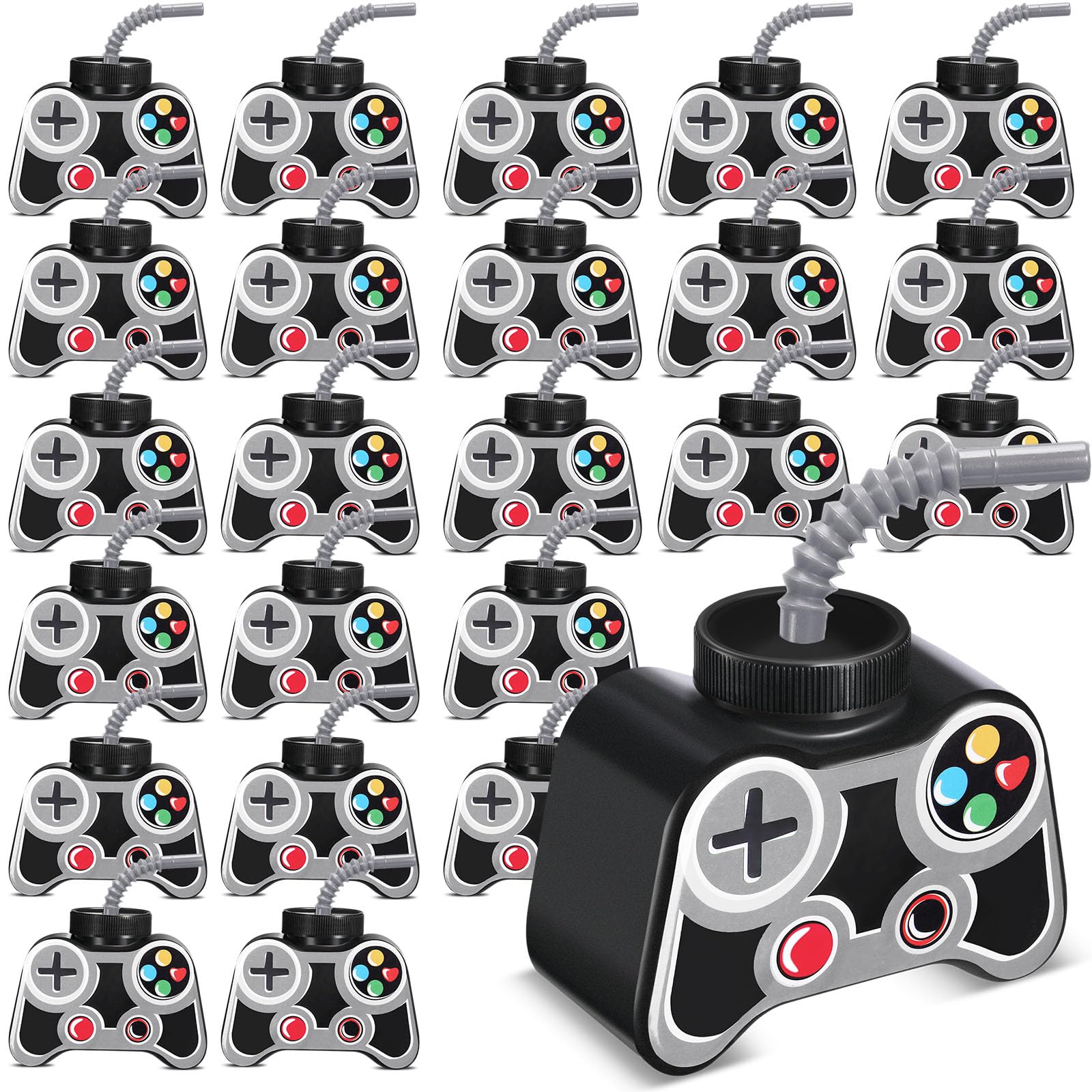 Mifoci 24 Pcs Plastic Video Game Party Cups with Straw and Lid 10oz Gamer Birthday Themed Drink Cups 7th Video Game Party Favors for Kids Toddlers