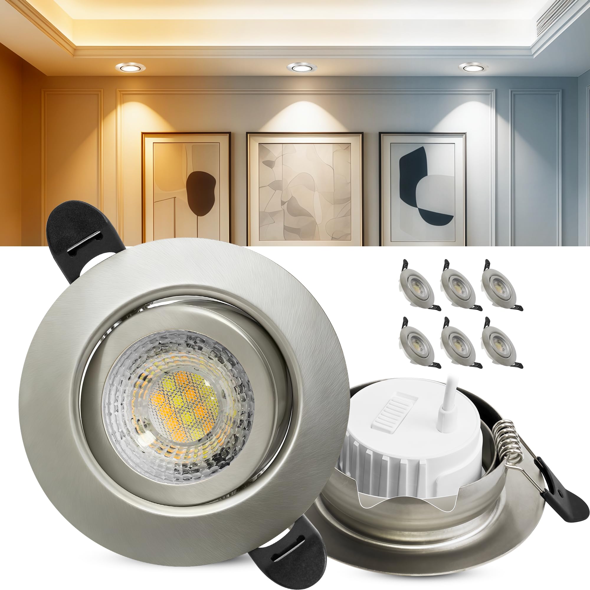 Laiebri LED Einbaustrahler 230V Dimmbar, 6W IP44 LED Spots, 68mm Deckenspots 38° Schwenkbar 3000K/4000K/6000k für Badezimmer Küche Wohnzimmer Einbauspots Flach Einbauleuchten, Nickel, 6er Set