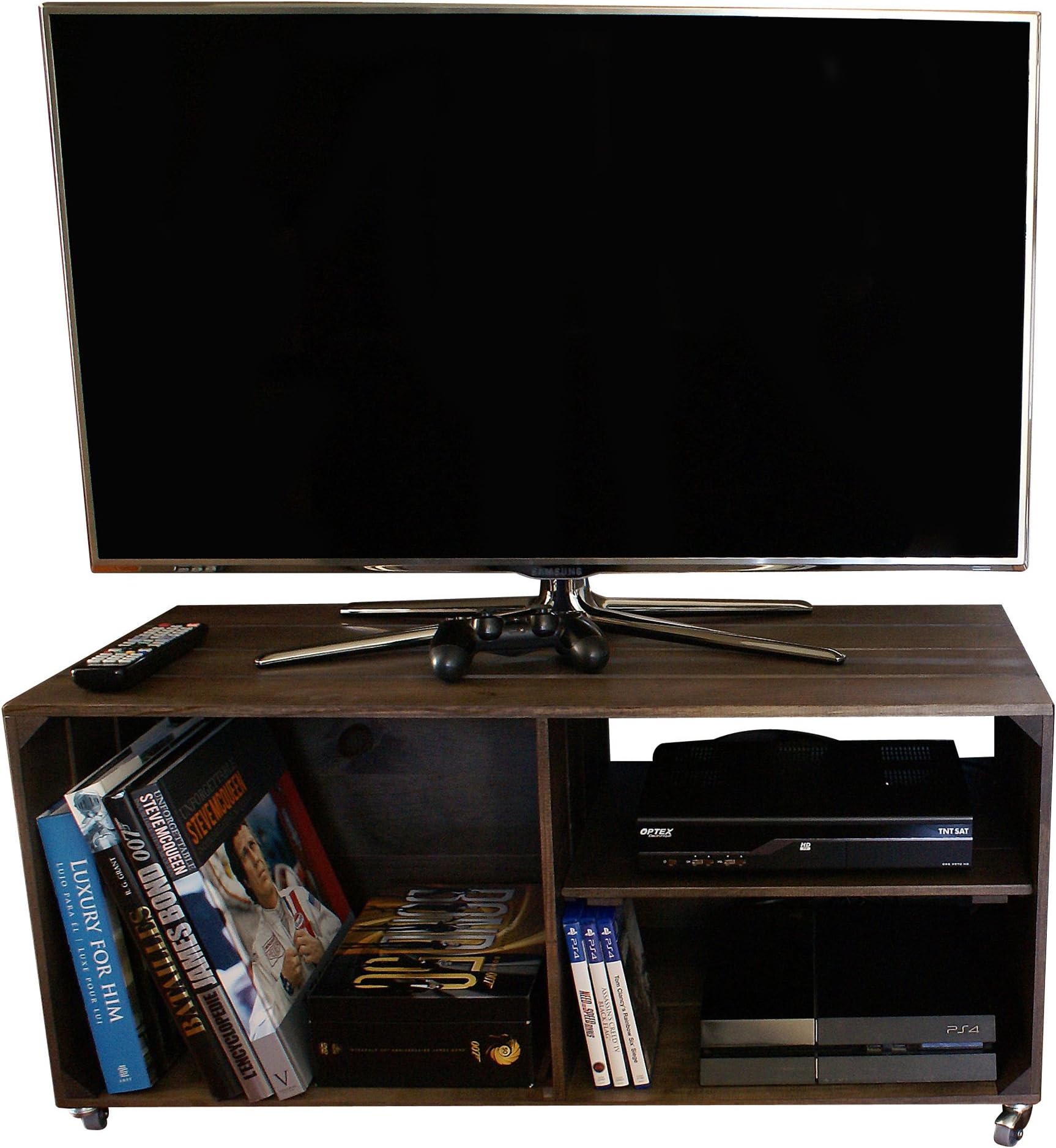 WOODEN TV STAND with 3 Compartments, rotating Wheels, removable Shelf – Vintage crate style, Solid pine - 90 x 40 x 42 cm (Taupe)