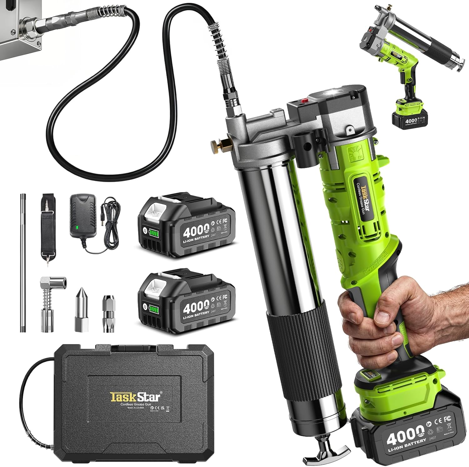 TaskStar 12000 PSI 2-in-1 Cordless Electric Grease Gun Kit with 2x4.0Ah Batteries, 90° Adapter for Farms & Heavy Duty Equipment