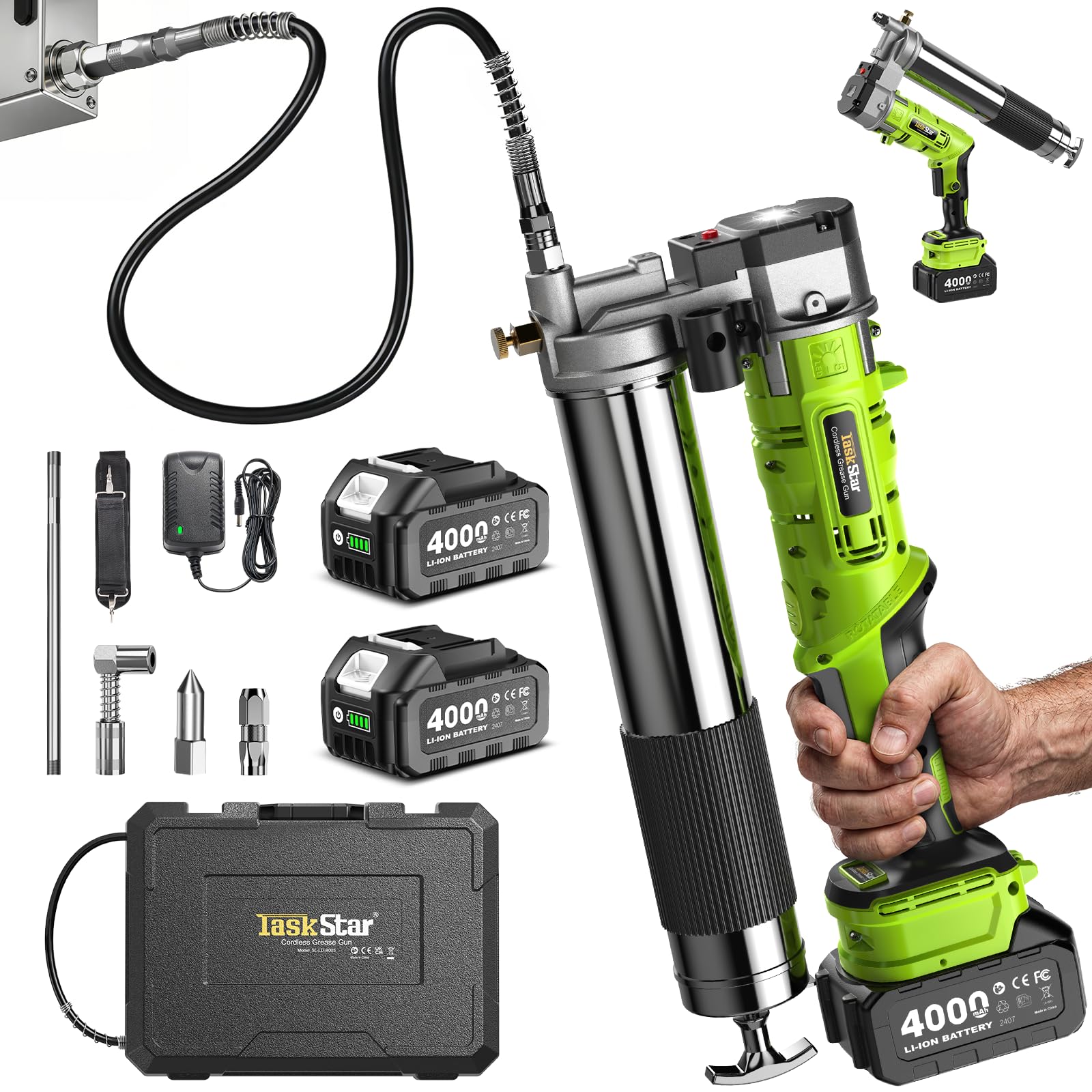 TaskStar 12000 PSI 2-in-1 Electric Grease Gun Kit, Battery Powered Grease Gun Cordless with 2 * 4.0AH Batteries, 90 Degree Coupler Adapter, Efficient