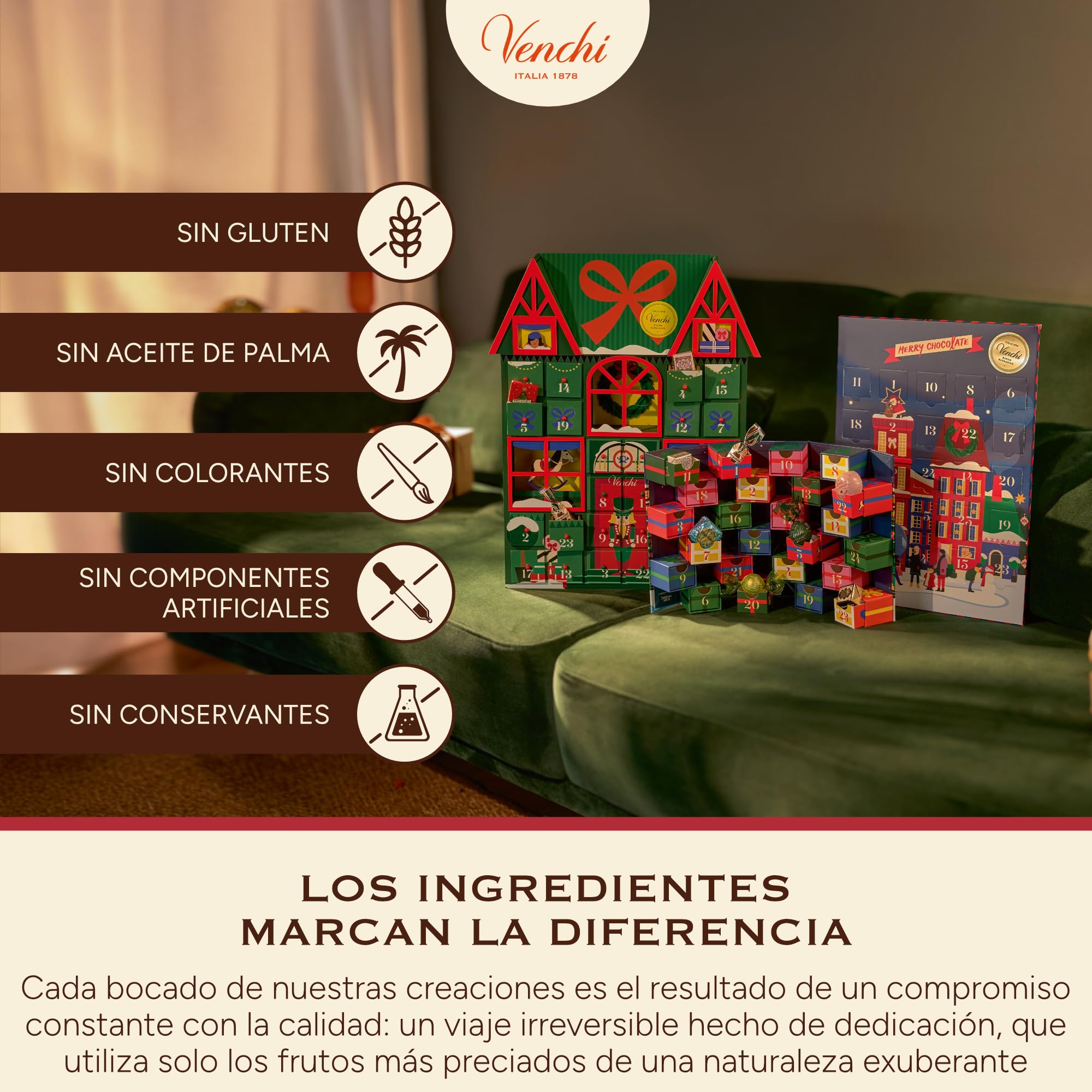 Venchi Calendario de Adviento 2025 Clásico 24 Bombones Assortidos Granblend Leche y Extra Amargo 75% Edición Limitada 181g Sin Gluten