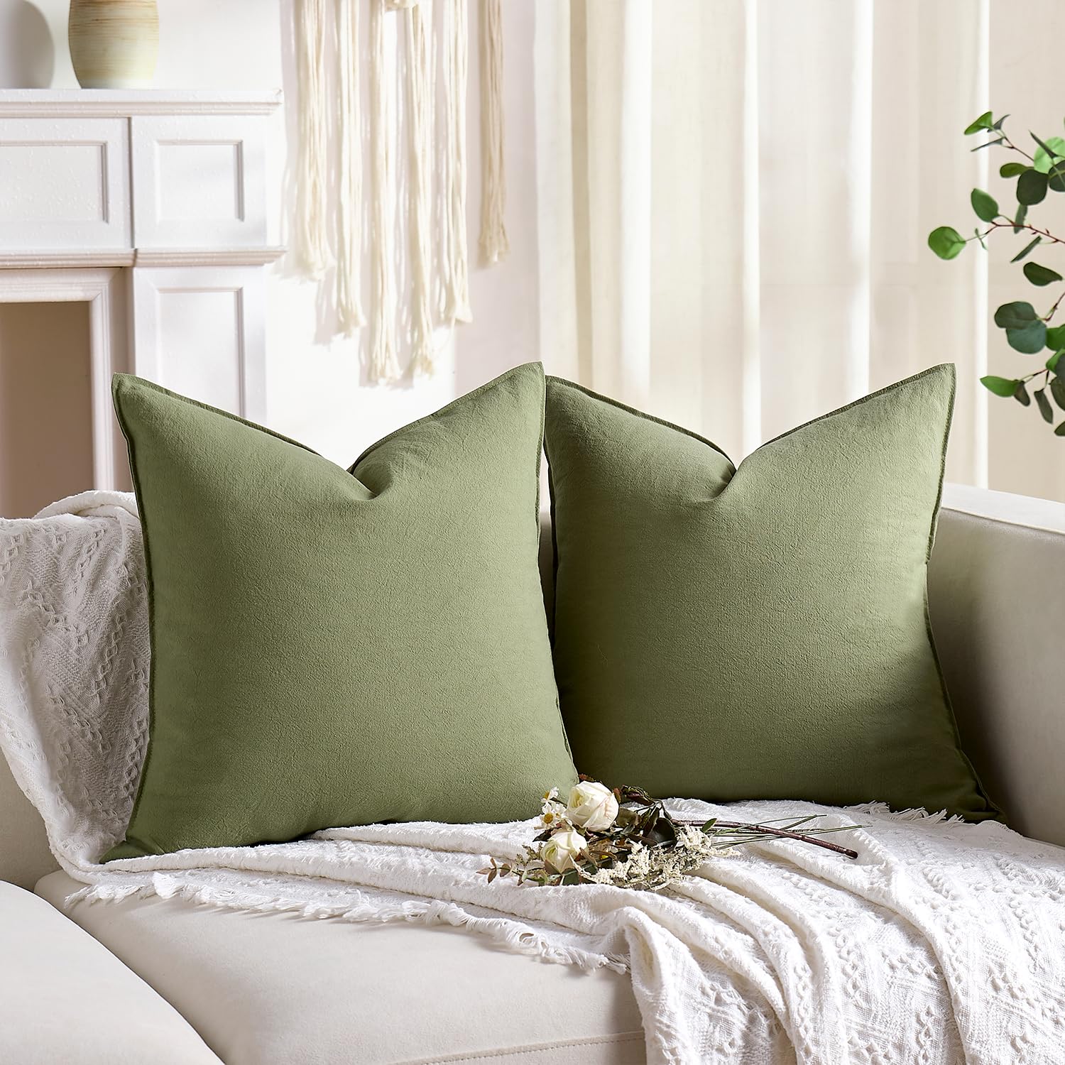 Serento Cushion Covers Green 45cm x 45cm Pack of 2 Cushions Cotton Soft Decorative Square Throw Pillow Case Flange Pillowcases for Livingroom Sofa Bedroom 18x18 Inch Sage Green - Image 3