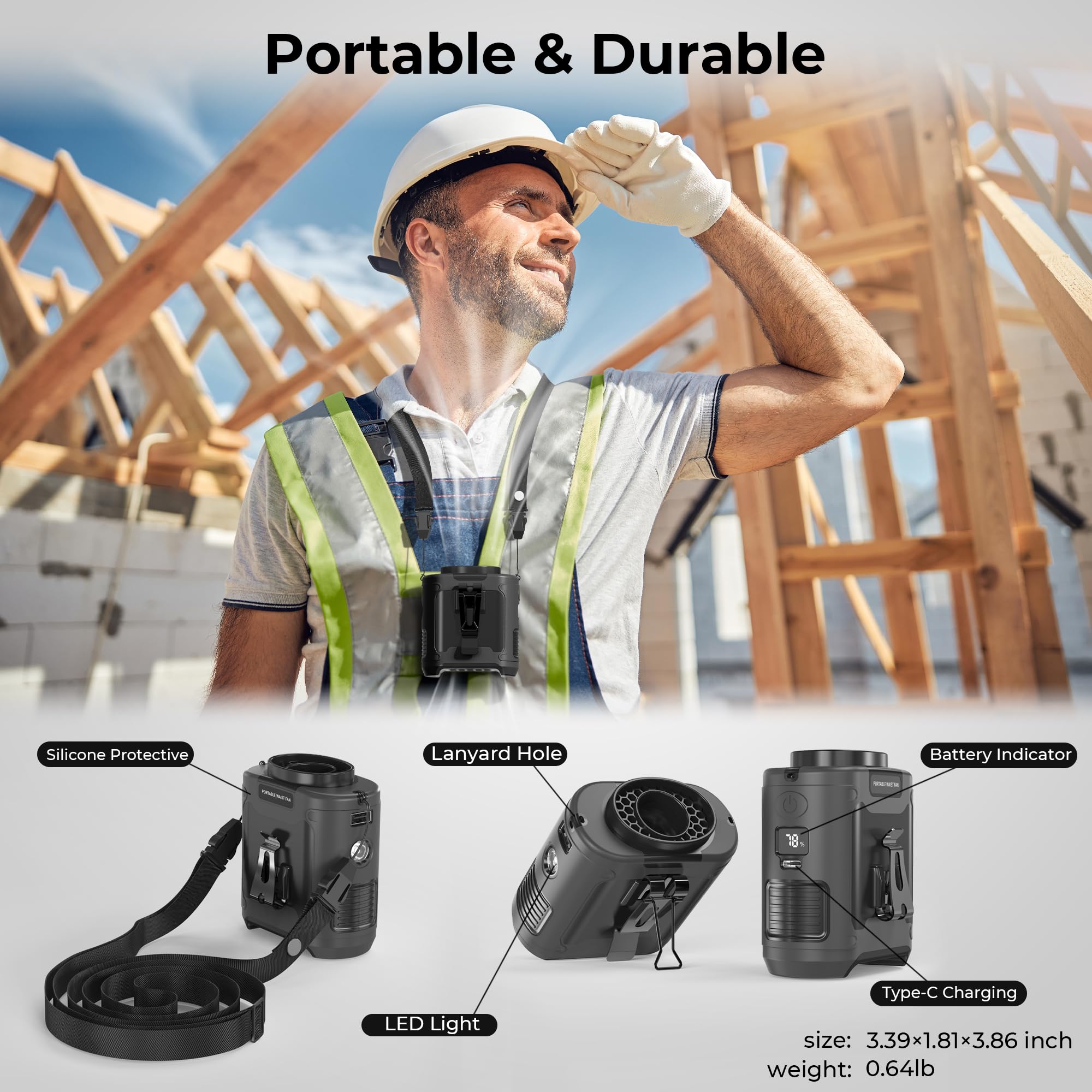 Ventilador portátil de clip de cintura de 10000 mAh, ventilador personal de enfriamiento 40H, ventilador de cinturón fuerte de 5 velocidades de 16000 RPM, ventilador de cuello recargable manos libres 7