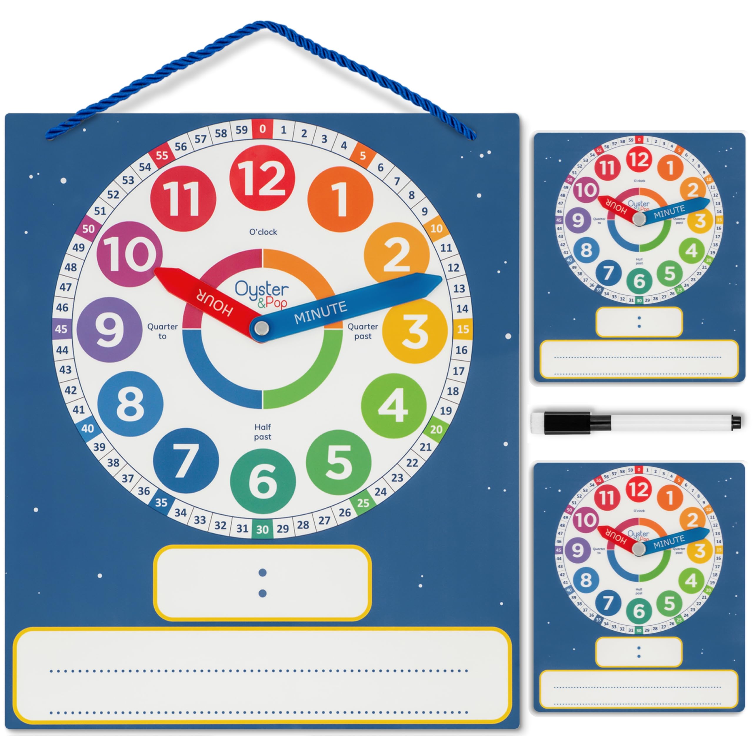 Dry Erase Learning Clock 3 Pack - Magnetic Large Teaching Clock & 2 Kids Clocks - Write & Wipe Analogue Educational Practice Clocks & Marker for Home & Classroom - Kids Learn to Tell Time Easily