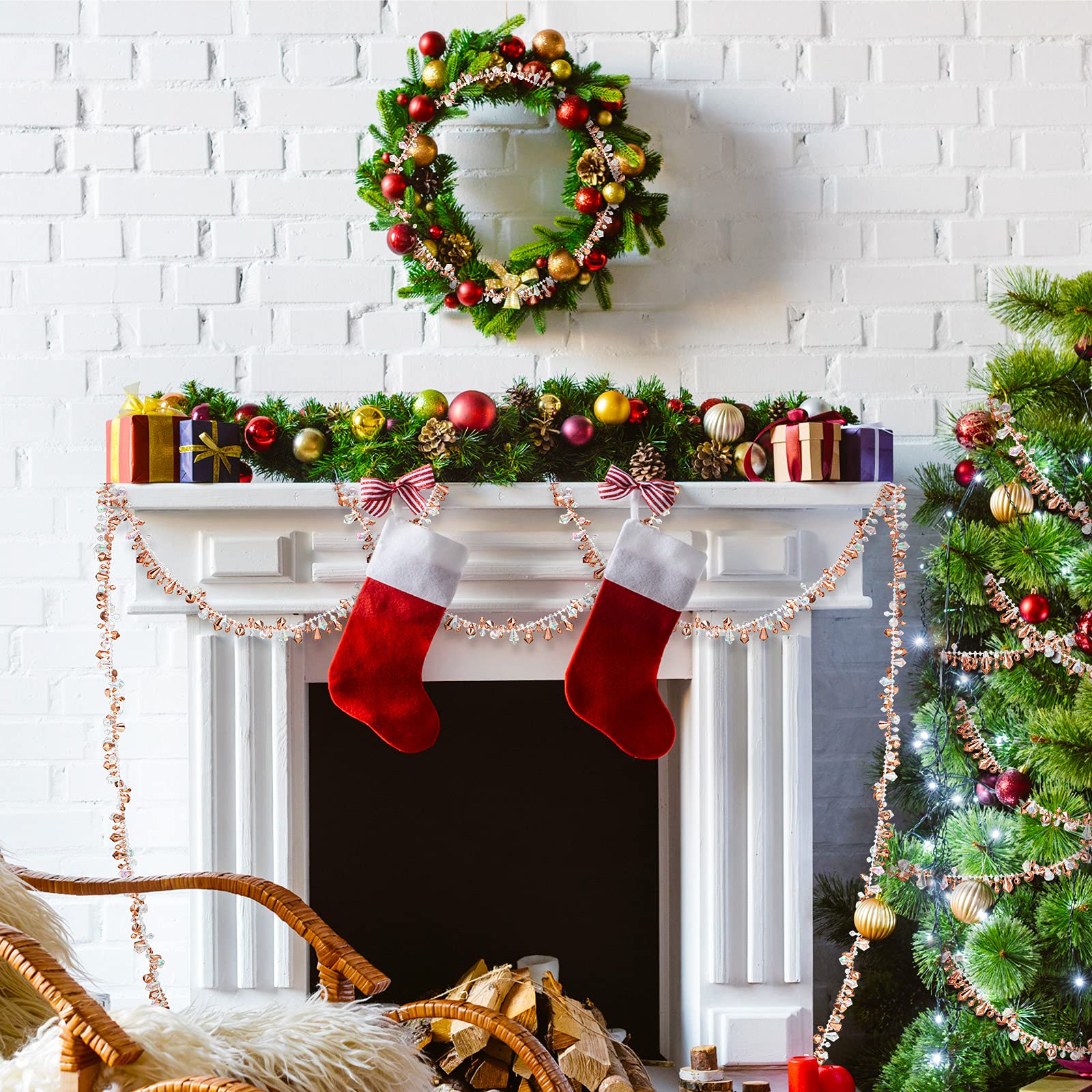 4 Guirlandes de Noël Irisées Claires Guirlandes de Perle Cristal Acrylique Grandes Guirlandes de Perles Noël Torsadées Guirlandes d'Arbres de Noël de Perles Suspendues 40 Feet (Or rose)