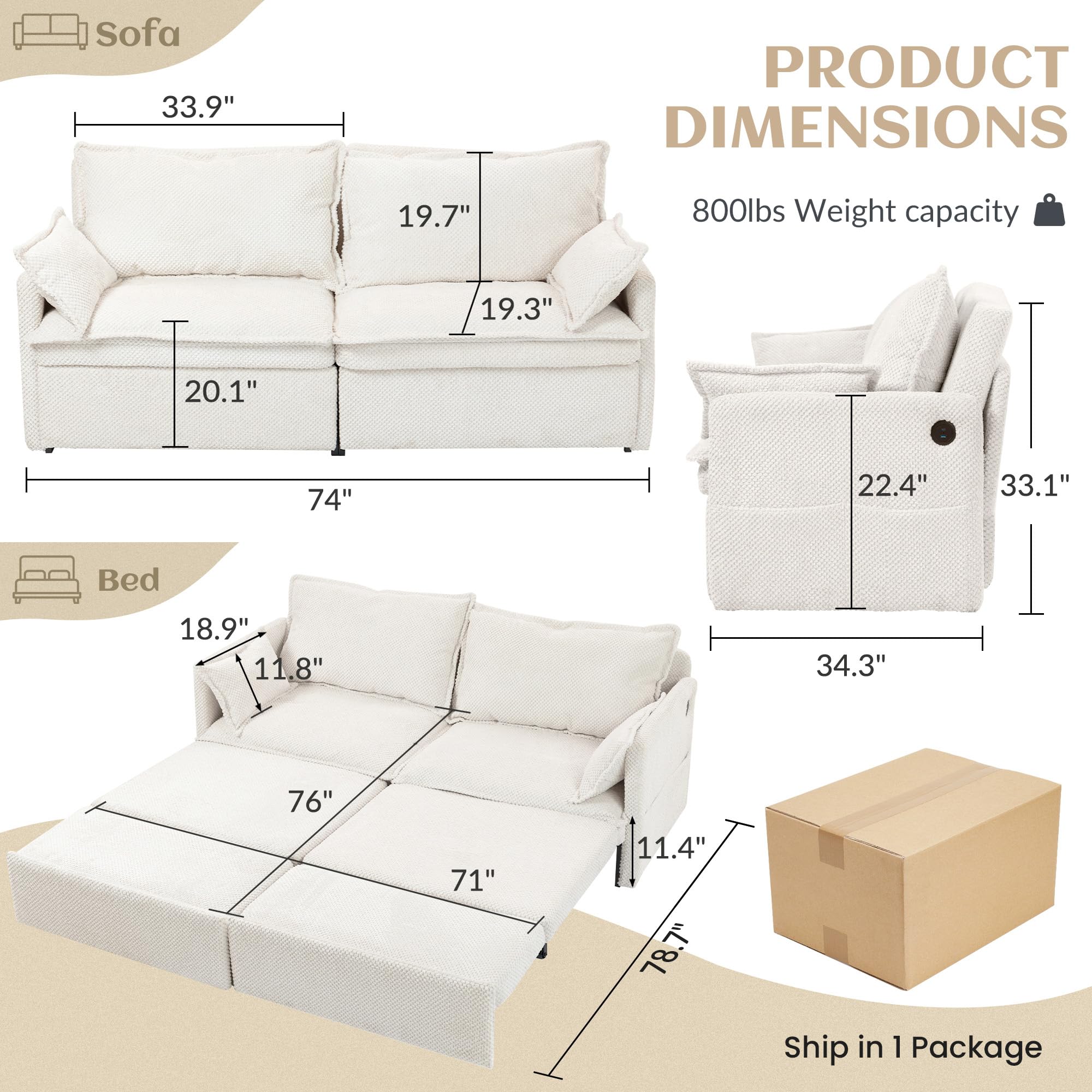 Snapklik.com : SUNWAVE 74" King Pull Out Sofa Bed - Convertible Sleeper ...