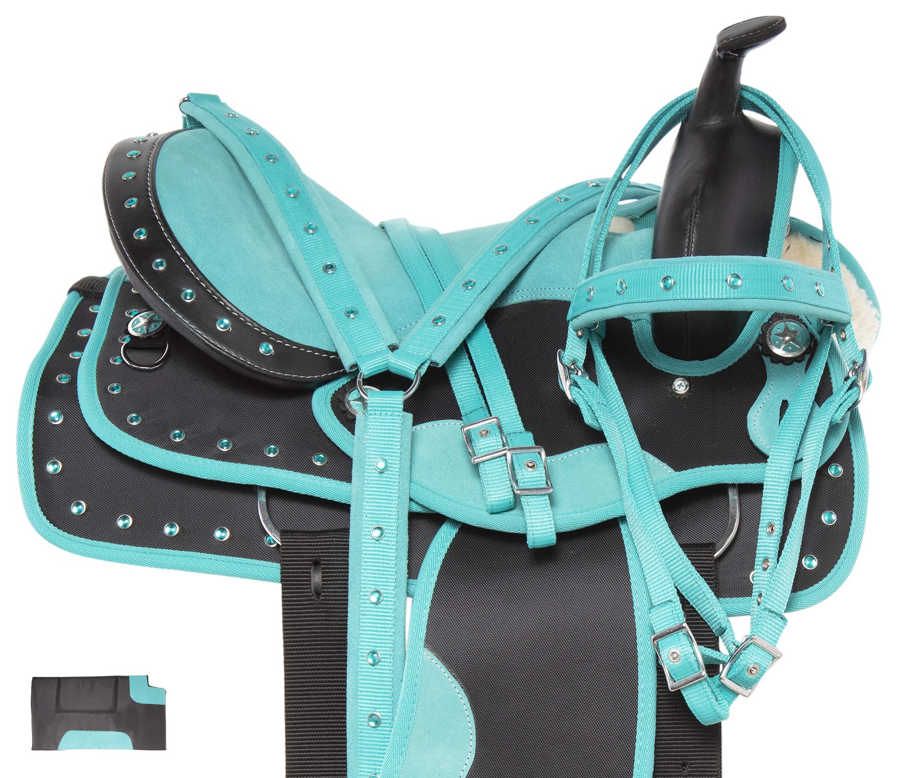 Synthetic Saddle Set Size 14” 15” 16” 17” 18” Blue Crystal Western Barrel Racing Trail Light Weight Horse TACK PAD