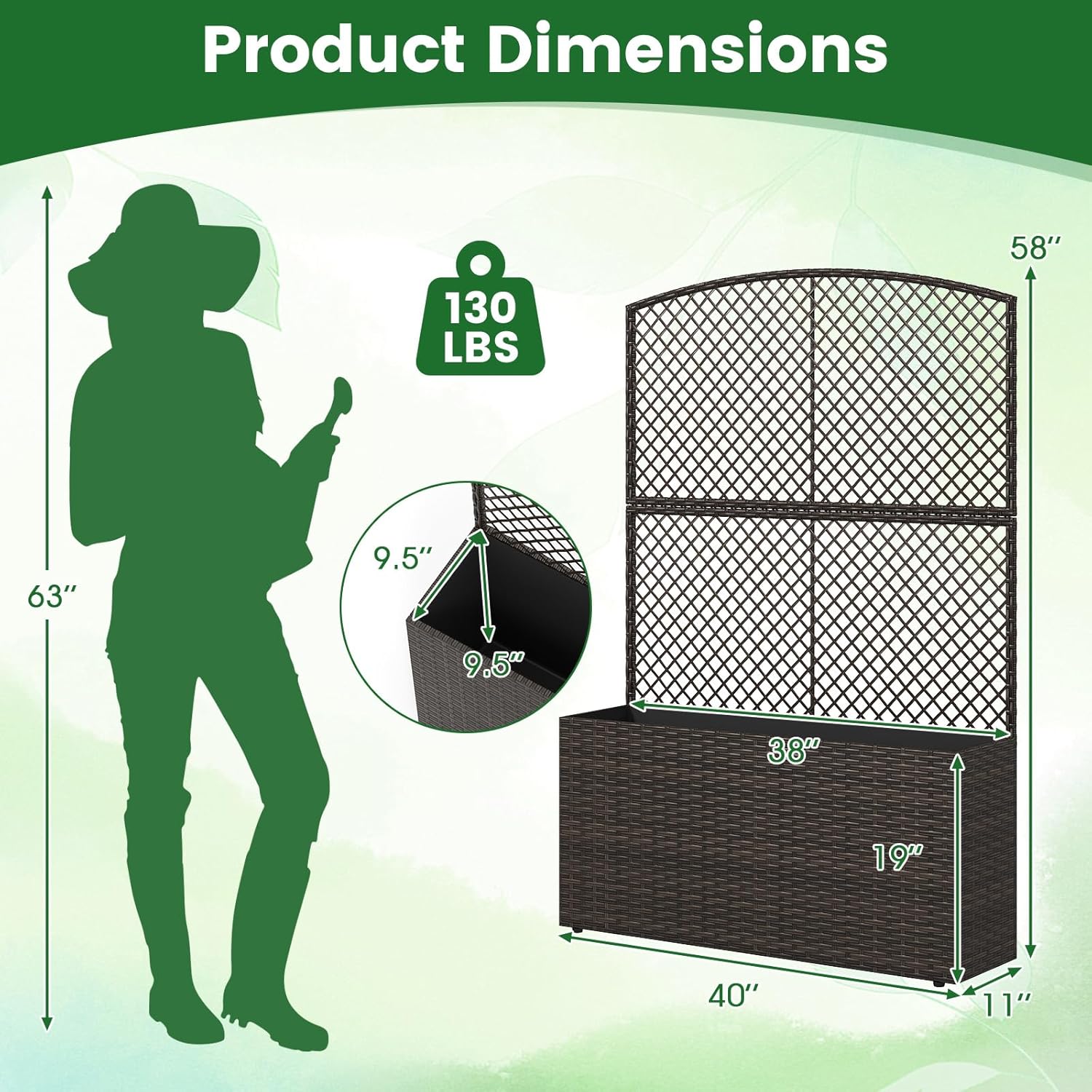 Giantex Raised Garden Bed with Trellis, 58'' Tall PE Rattan Planter Box w/Liner & Drainage, Metal Frame Privacy Screen for Vertical Climbing Plants, Vegetables & Flowers, Patio Balcony Gardening