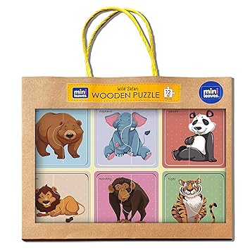 Mini Leaves 2 Piece Puzzle for Kids - Safari Animals Jigsaw Puzzle - Set of 6 Wooden Puzzles for Kids - Educational Toys for 1 Year Old and Above - Safe & Durable Pre-School Toys for Kids - image, photos