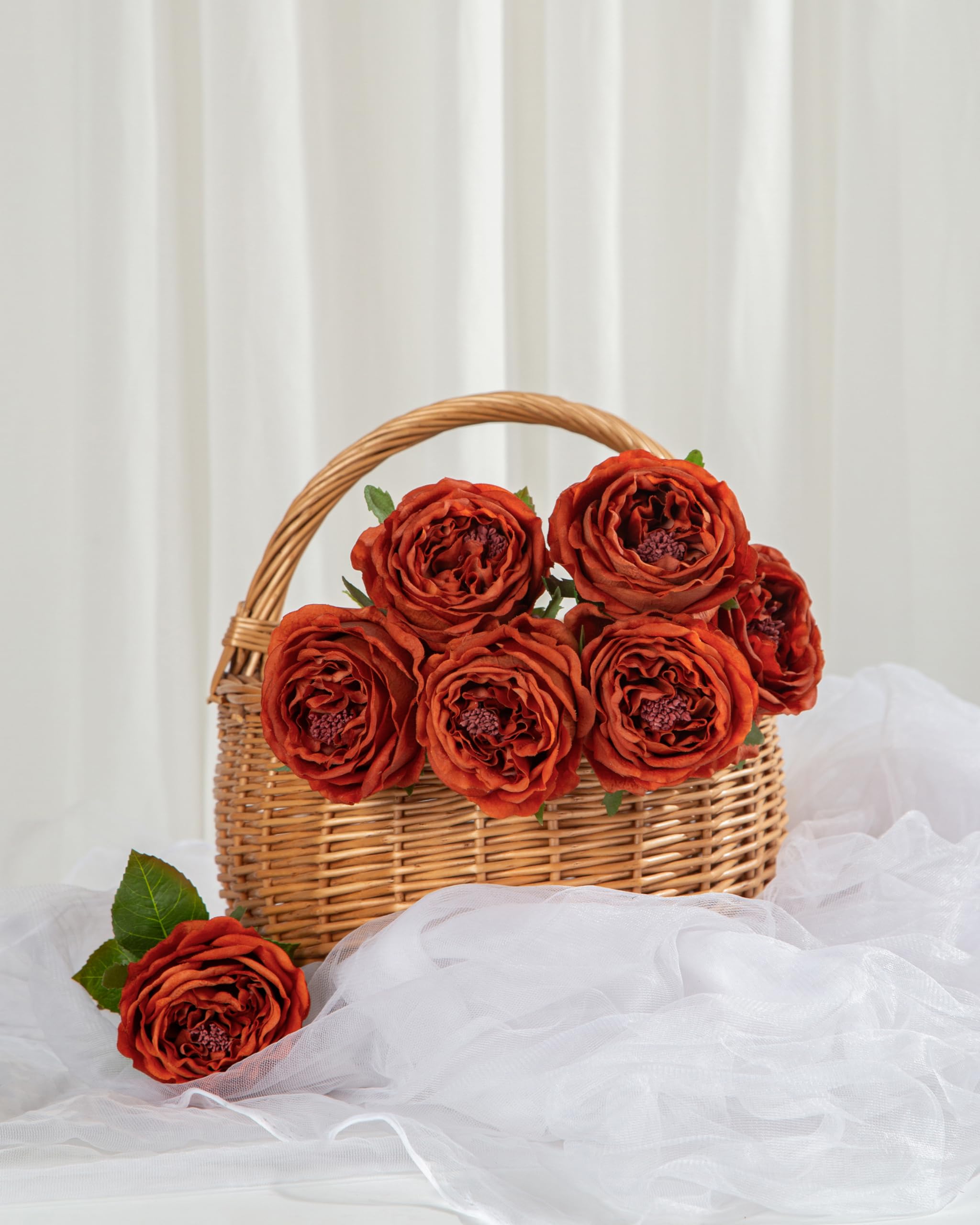 DuHouse 5Pcs Real Touch Silk Roses Fake Burnt Orange Roses with Stems Artificial Flowers for Arrangement Wedding Party Home Decoration - Image 4