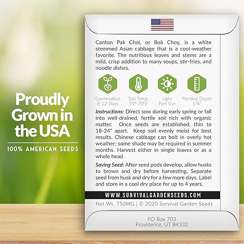 Miniatura 8 de Survival Garden Seeds - Semilla Canton White Stem Pak Choi o Bok Choy para plantar - 2 paquetes con instrucciones para cultivar Brassica Rapa