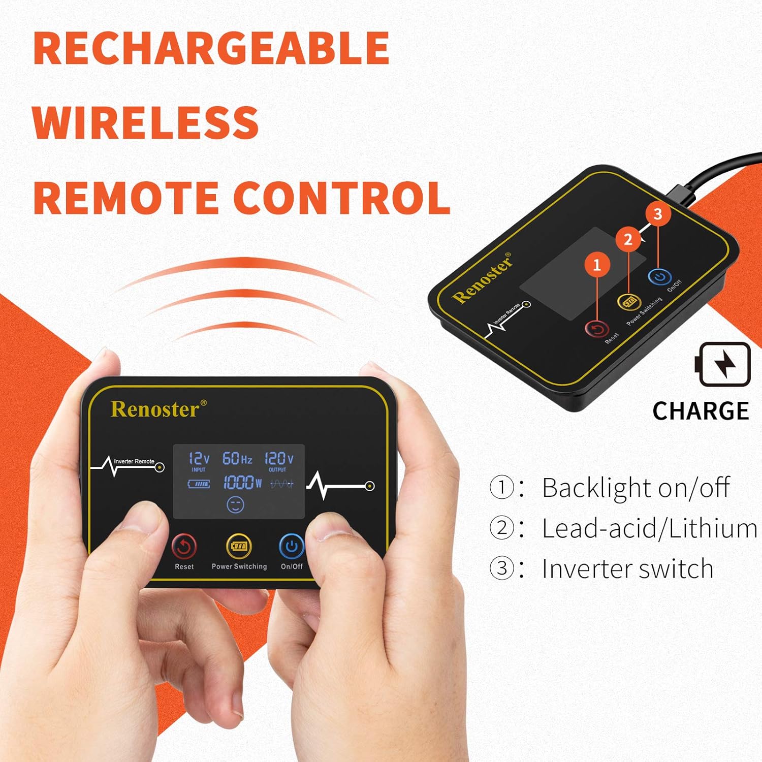 Hot Deals Renoster 1000W Pure Sine Wave Inverter Power Converter DC 12V to AC 110V with Rechargeable Remote Control 2 US-Standard Plugs and 2.4A USB Port for RV Truck Road Travel Emergency Tools