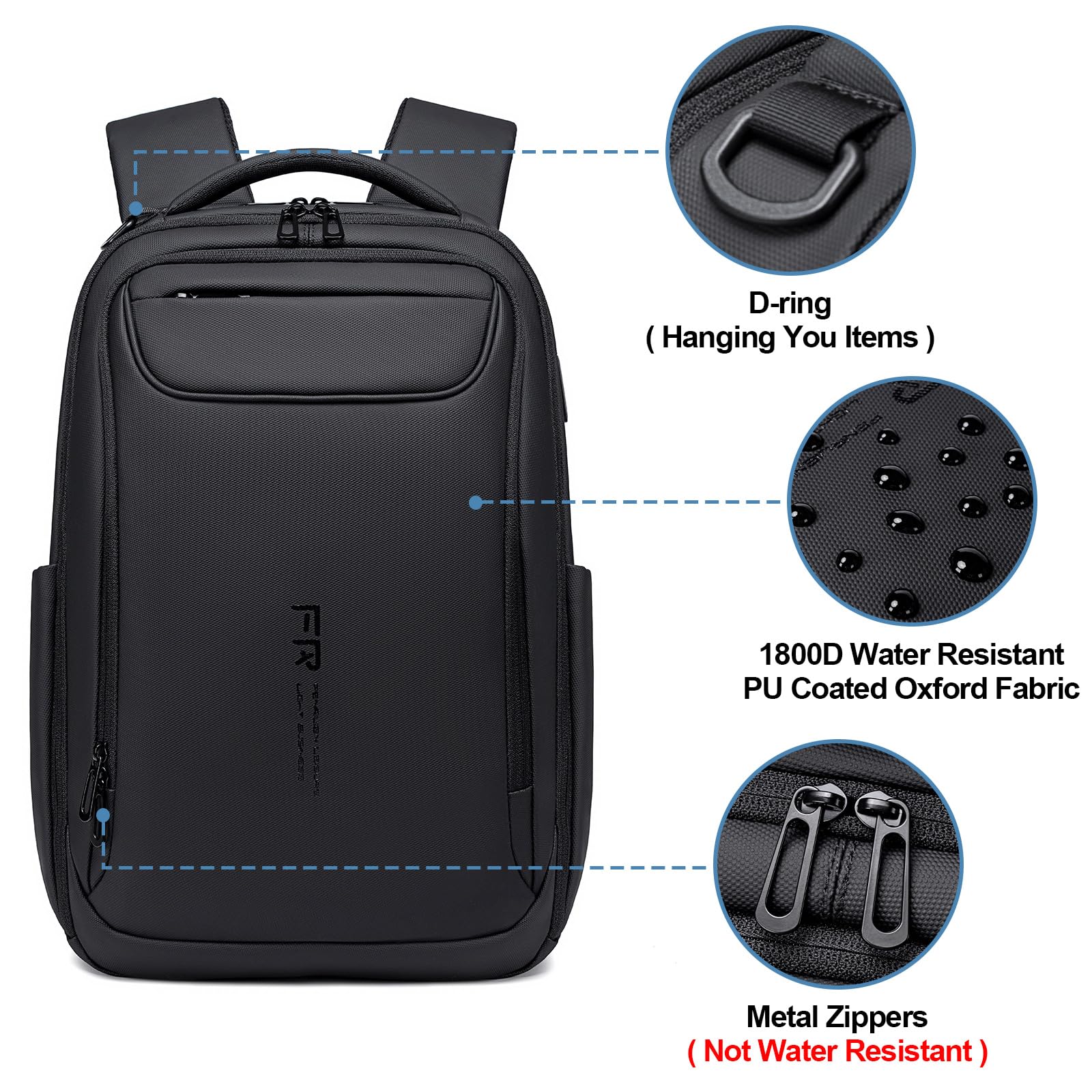 FENRUIEN Zaino da viaggio espandibile da 15,6 pollici, resistente all'acqua, con porta di ricarica USB, borsa nera per computer portatile, per lavoro/pendolari/università, nero, Large, Zaino da