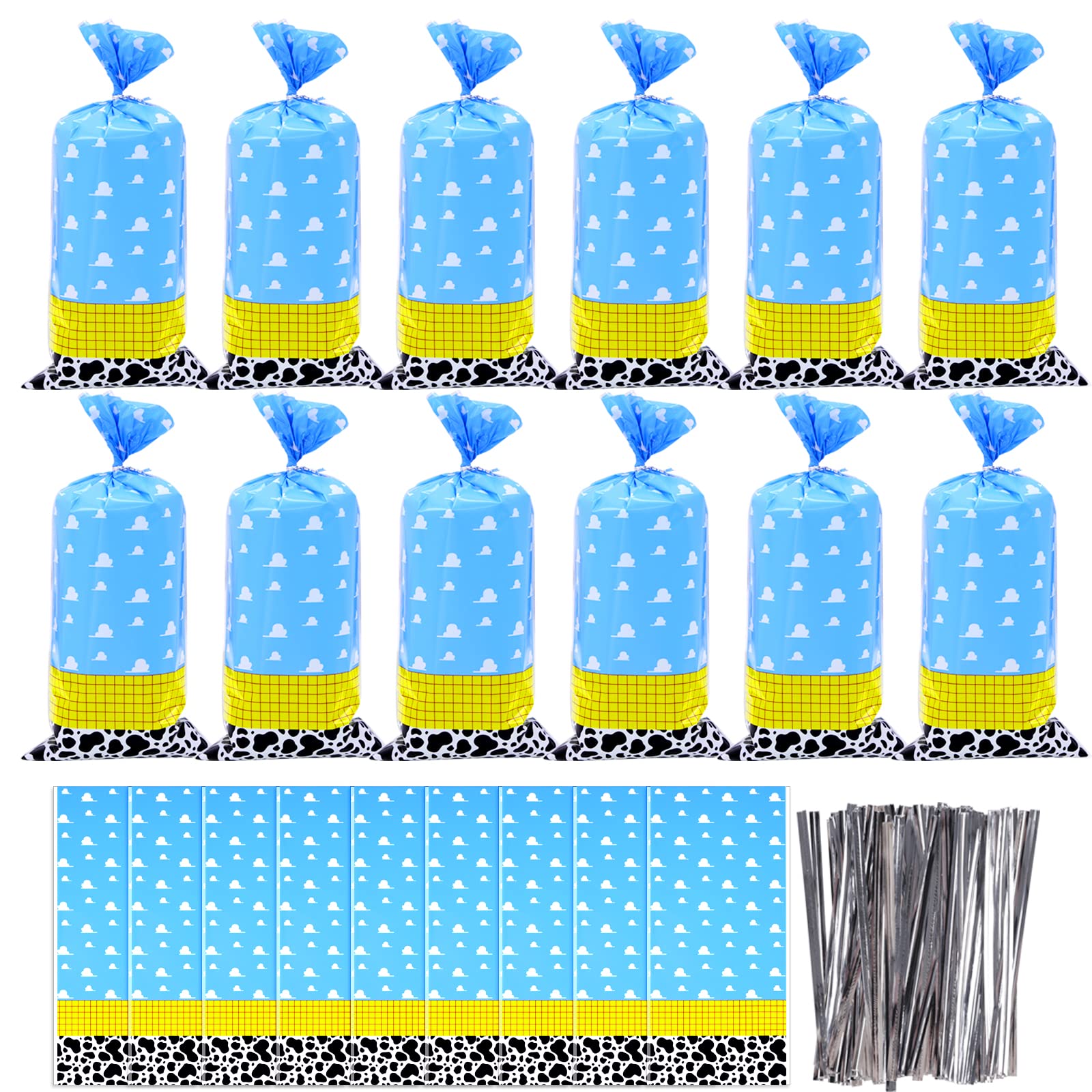 HHLCWA 100 Pcs Blue Sky White Clouds Cellophane Bags,Cartoon Story Treat Candy Bags Party Goodie Bags with 100 Pieces Silver Twist Ties for Birthday Wedding Party Supplies