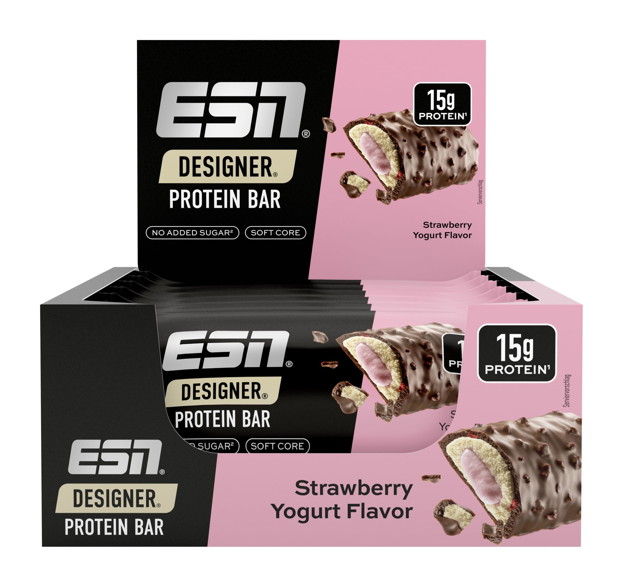 ESN Designer Bar Box, Strawberry Yogurt, 12 x 45 g, der ideale Snack mit bis zu 15 g Protein pro Riegel, made in Germany