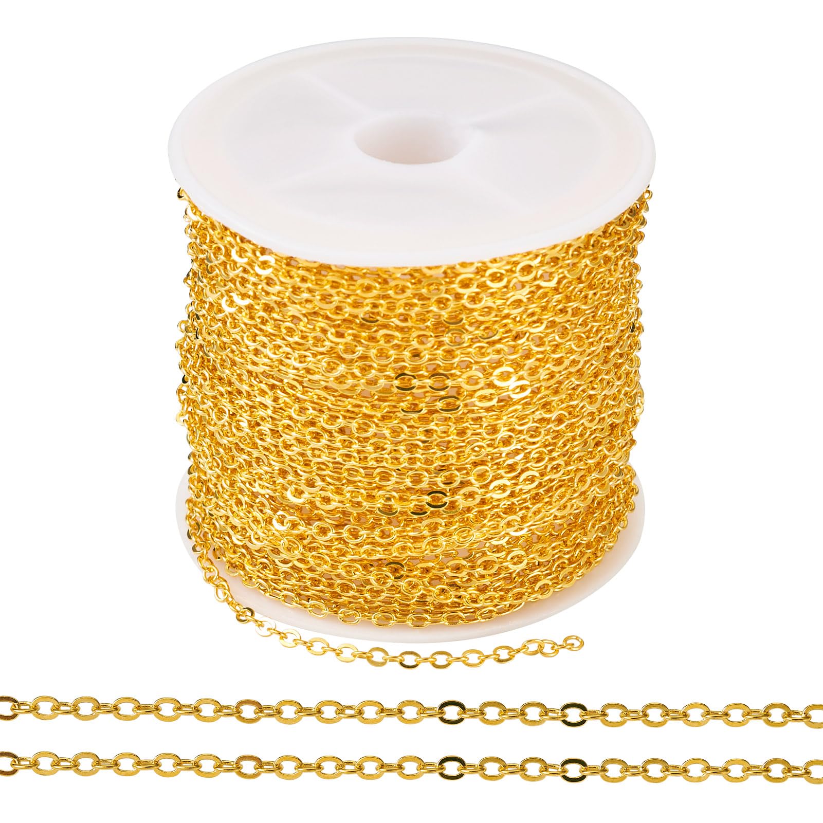 KISSITTY 32.8 Feet Golden Cable Chains 2.5x2mm Flat Oval Link Soldered Metal Chain for Women Men Jewelry Making Necklaces Bracelets Earrings Crafting