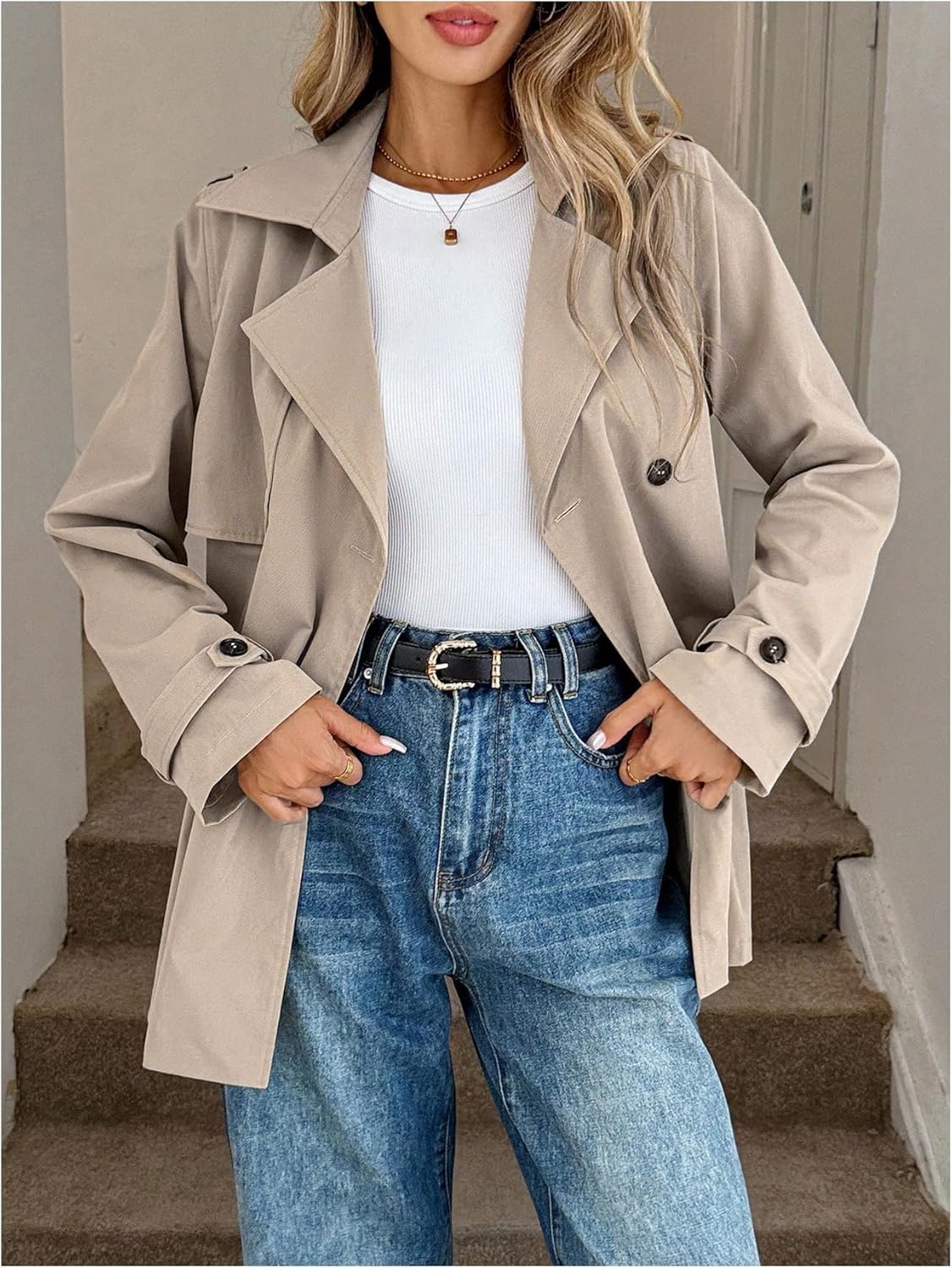 GORGLITTER Women's Double Breasted Trench Coat Trendy Button Down Business Work Jackets Dressy Outerwear - Image 3