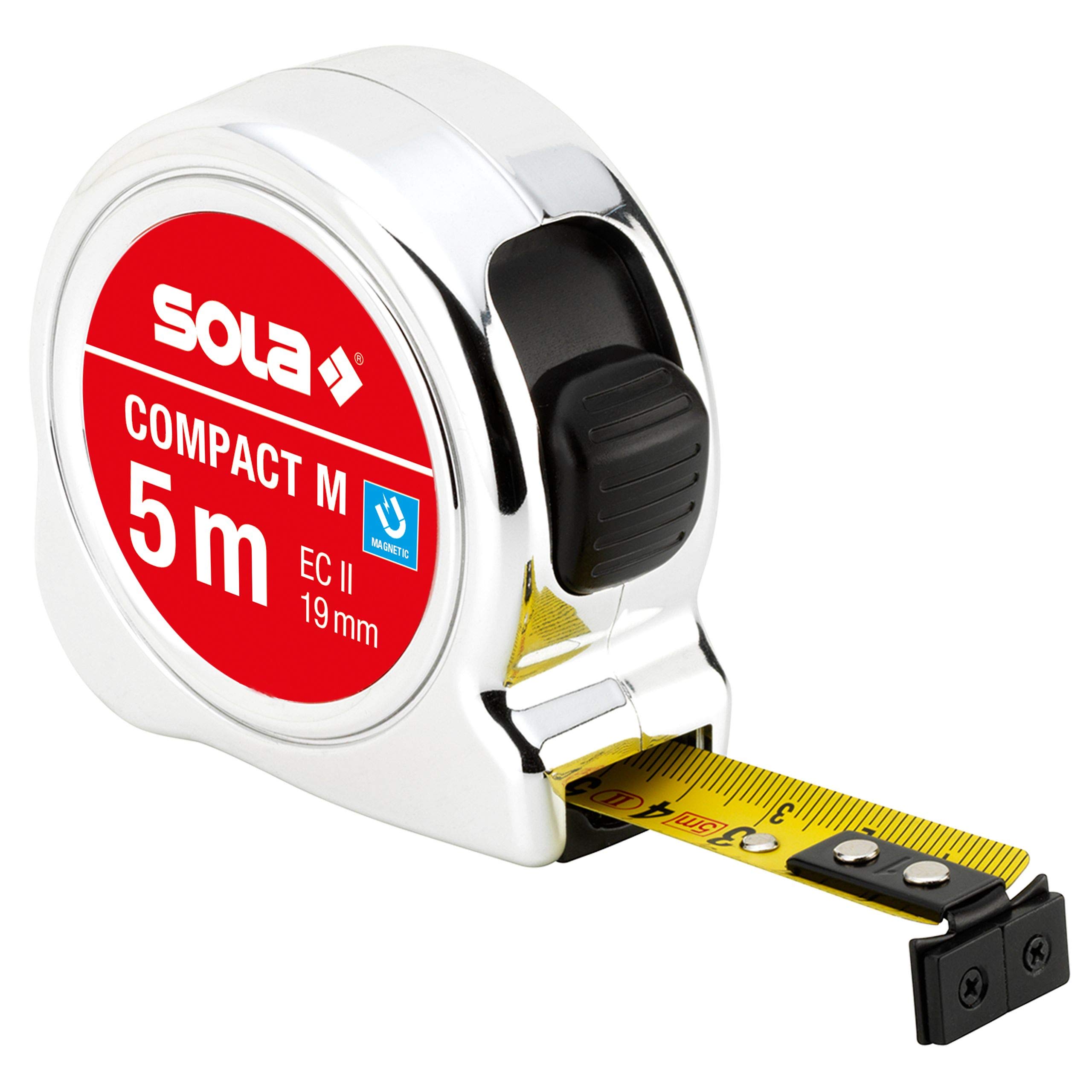 SOLA Cinta métrica magnética Compact M – 5 m/19 mm – Cinta métrica con clip para cinturón – Banda de acero lacado amarillo con escala mm – Clase de precisión II – Rollmeter con gancho móvil – Longitud