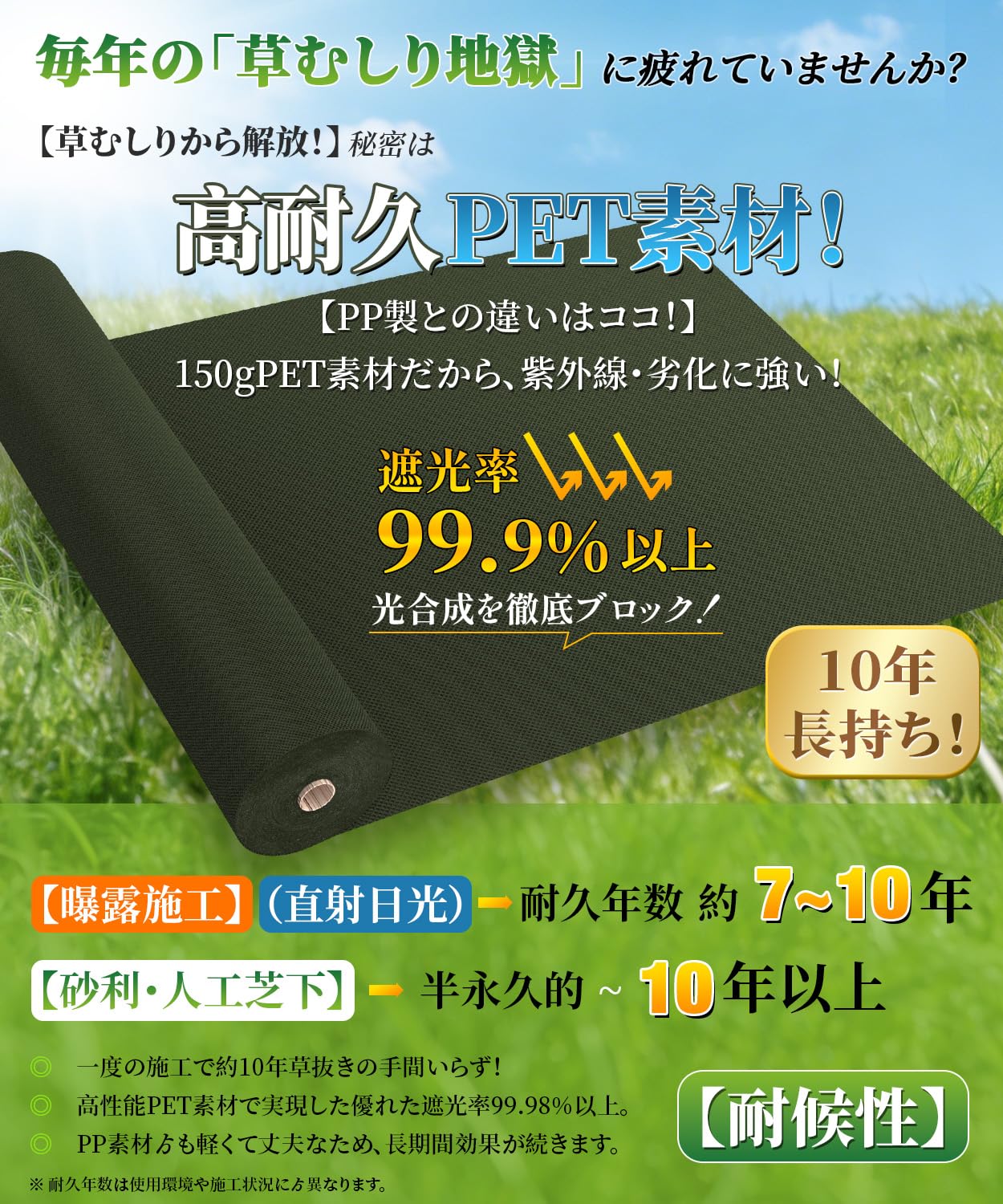 Amazon | XiaZ 防草シート 10年耐久 150gPET素材 1m×50m 厚手不織布