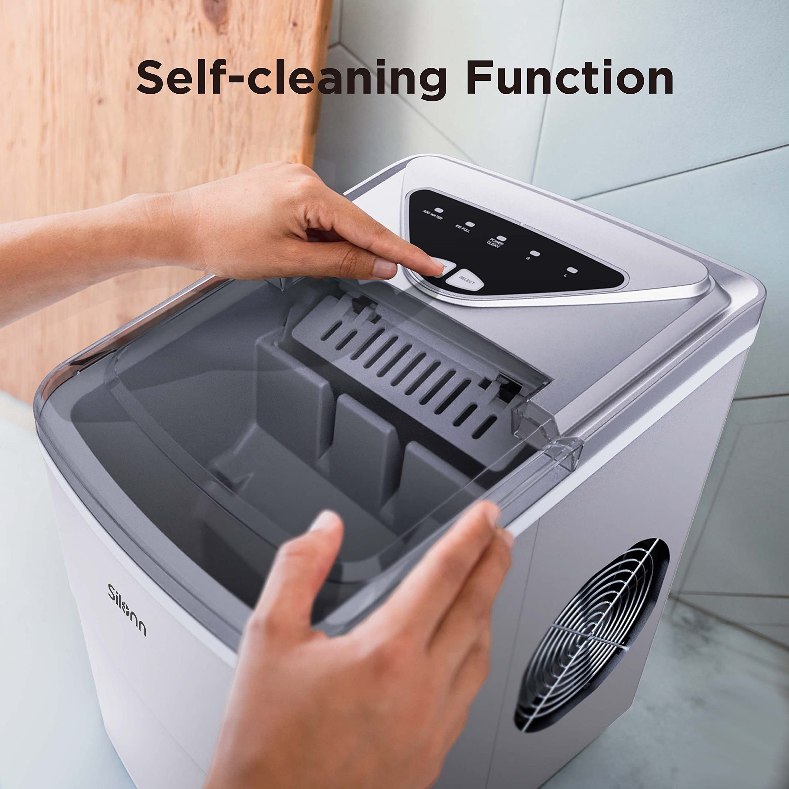 Silonn Ice Makers Countertop, 9 Cubes Ready In 6 Mins, Self-Cleaning Ice Machine With Ice Scoop And Basket, 26lbs In 24hrs, 2 Sizes Of Bullet Ice For Home Kitchen Office Bar Party, Sliver on Fridge.com - View 6