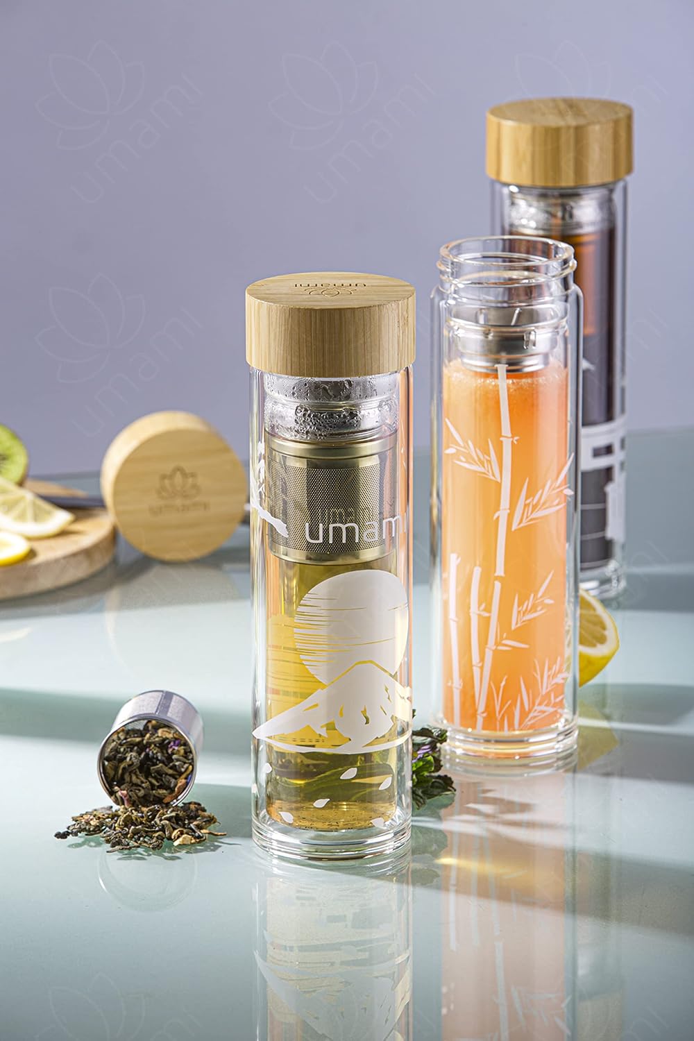 Umami Glass Water Bottle With Tea Infuser And Non Slip Sleeve. Double Wall Borosilicate. Travel Tumbler With Bamboo Lid. 17oz. Design: Bamboos