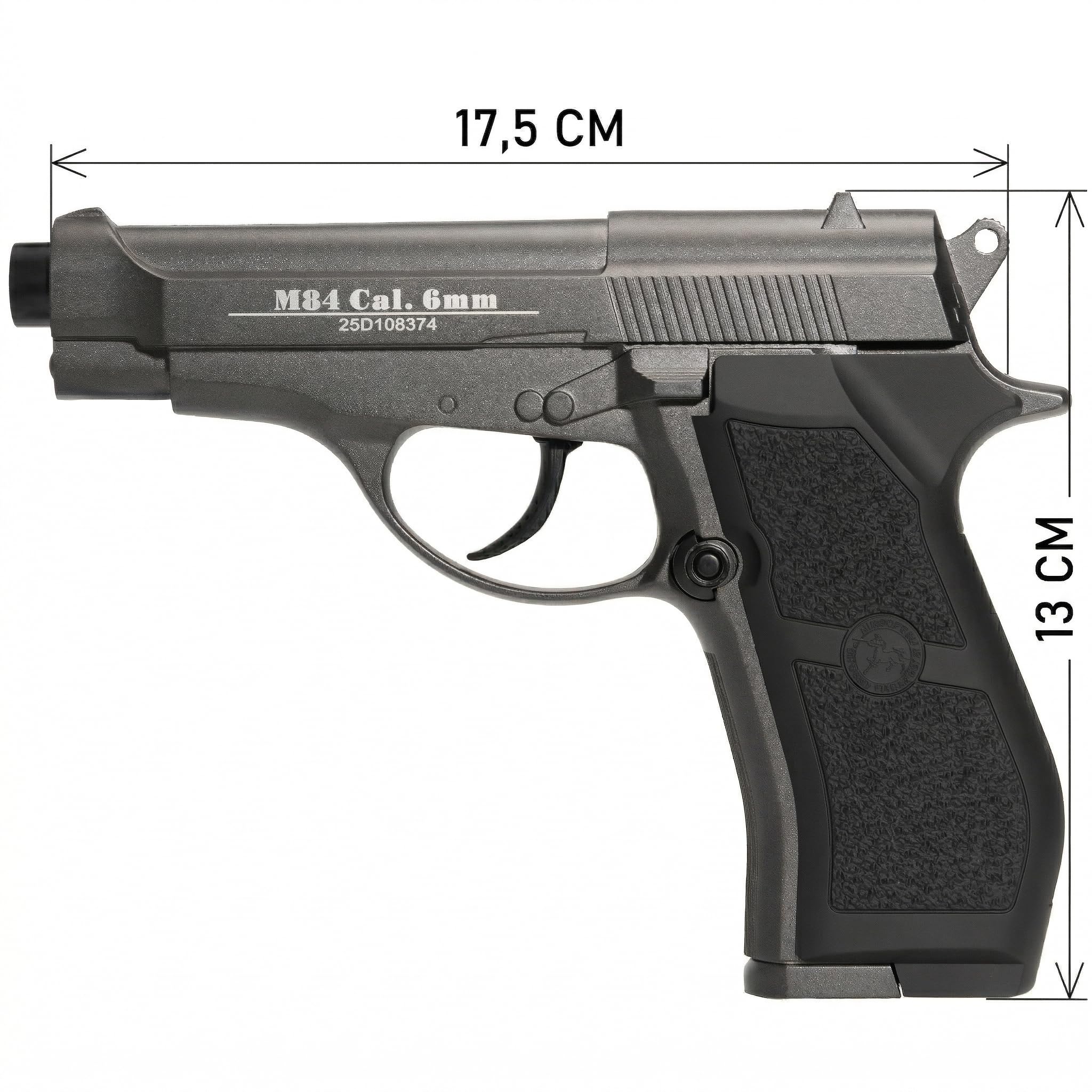 Pistola CO2 softair M84 full metal nera, POTENZA 0,9 JOULE, caricatore thin 15 colpi, sicura/singolo, CO2 nel calcio, 165mm 700g, bundle 1000 pallini + 5 bombolette
