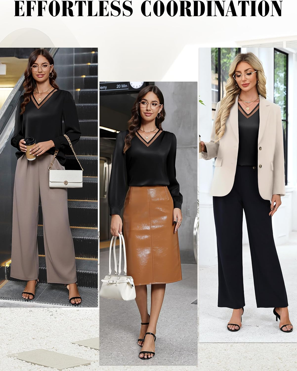 Blooming Jelly Womens Silk Business Dressy Casual Blouses Lace V Neck Long Sleeve Fall Tops Work Pleated Trendy Outfits - Image 5