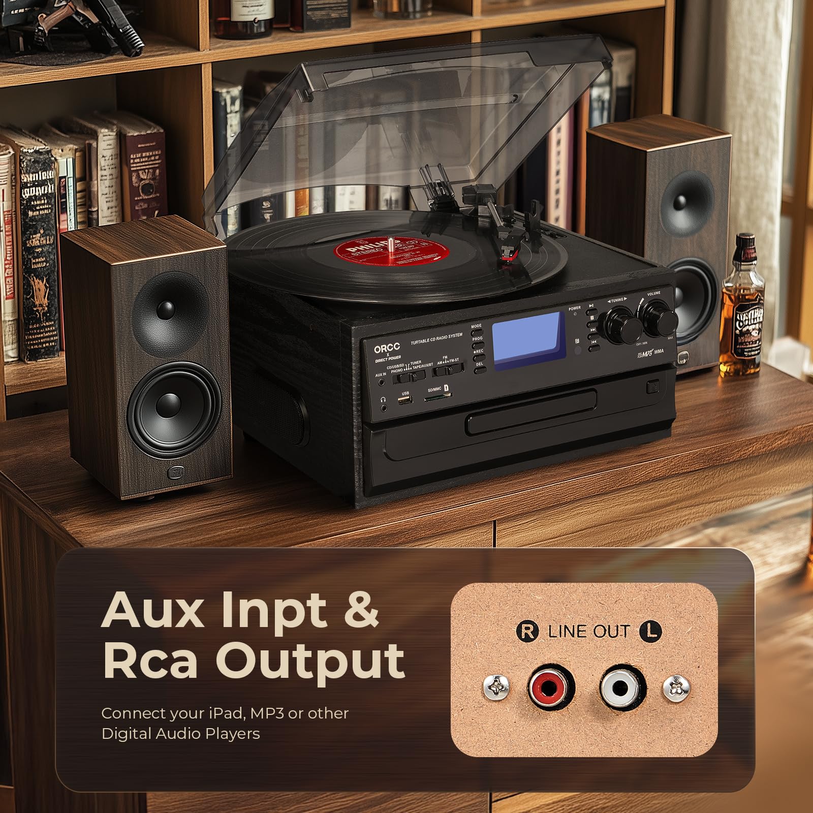 ORCC Giradischi 10 in 1, con carta regalo, giradischi in vinile per 33/45/78 giri/min, riproduzione e registrazione CD/USB/SD, Bluetooth e telecomando, radio FM/AM per gli amanti della musica, grigio