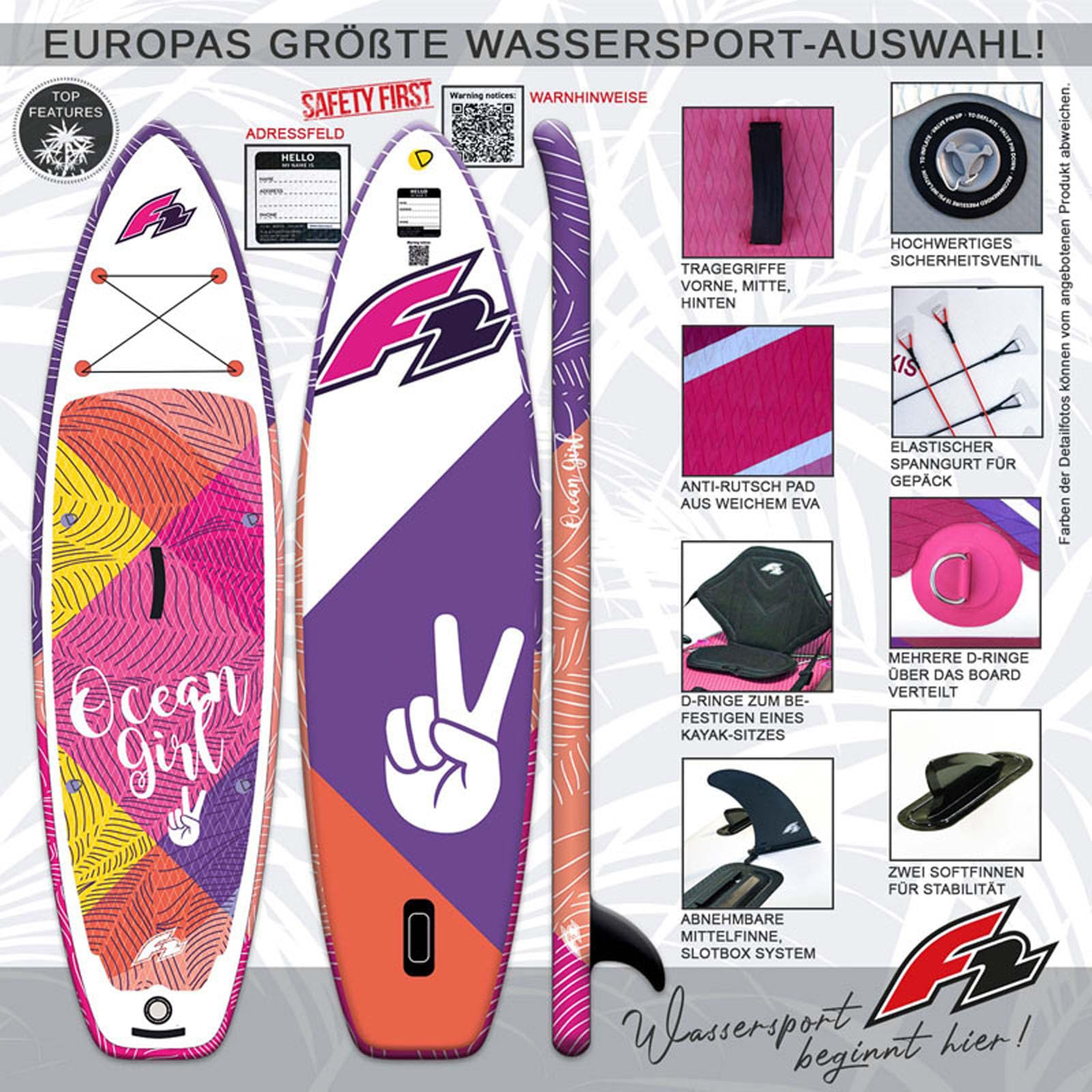 F2 Junior SUP Stand Up Paddle Board Ocean Girl 8'2''/9'2" wählbar Pink