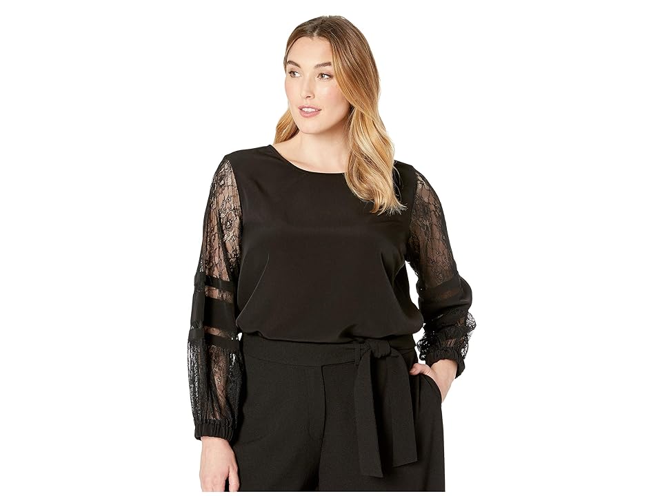 

Calvin Klein Plus Plus Size Solid Long Sleeve with Lace Sleeve (Black) Women's Blouse