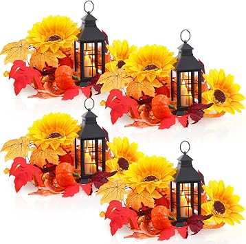 Tujoe 4 Pack Thanksgiving LED Candle Lantern Decorative Indoor & Outdoor Fall Decorations for Home Mini Fall Hanging Lanterns with Pumpkin Maple Vine for Thanksgiving Table Decor Patio Porch