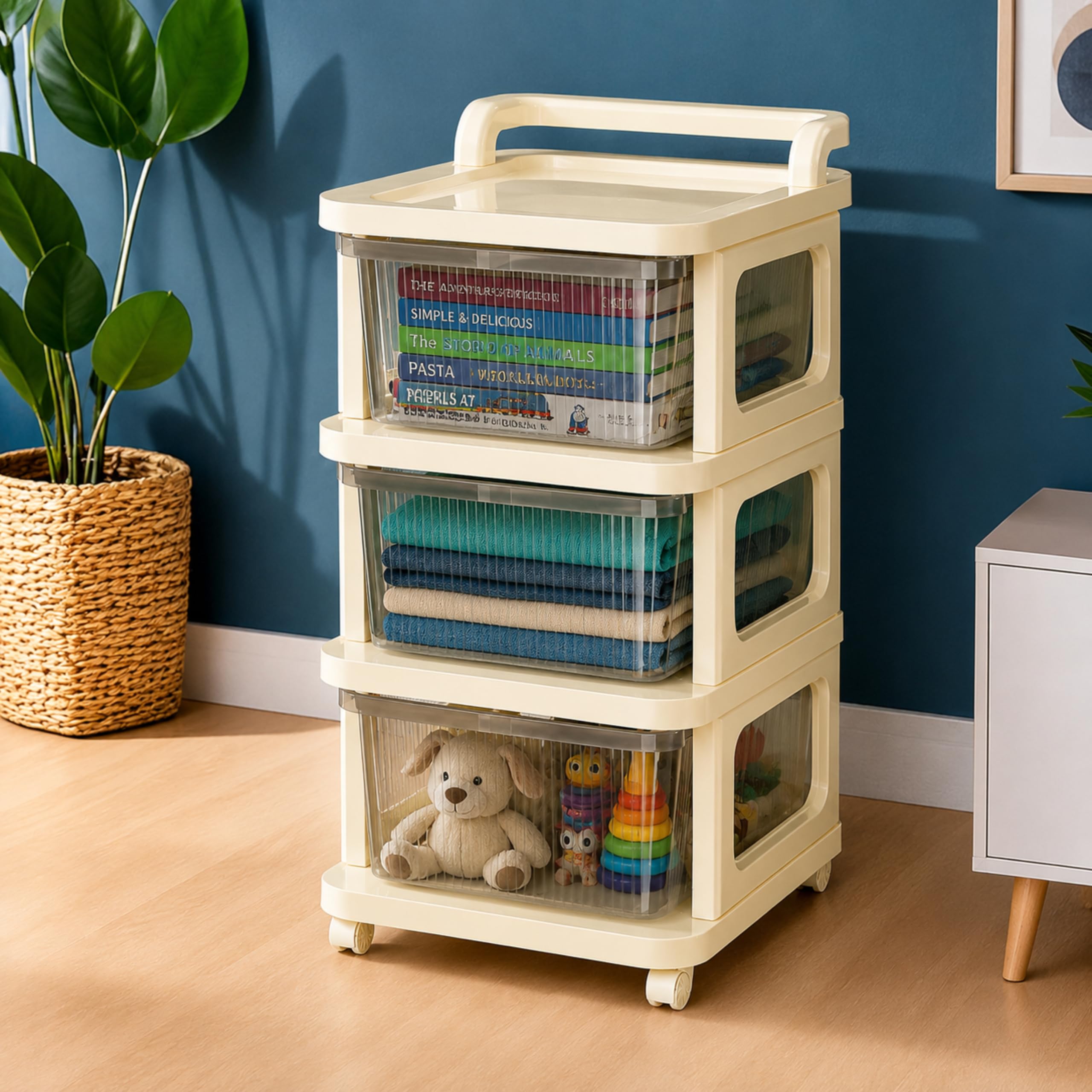 3 Layer Plastic Modular Storage Drawer Organizer with Wheels | Chest of Drawer Storage Box for Living Room, Office, School and Home | Toys Organiser for Kids Room | Transparent Ivory-picture-13