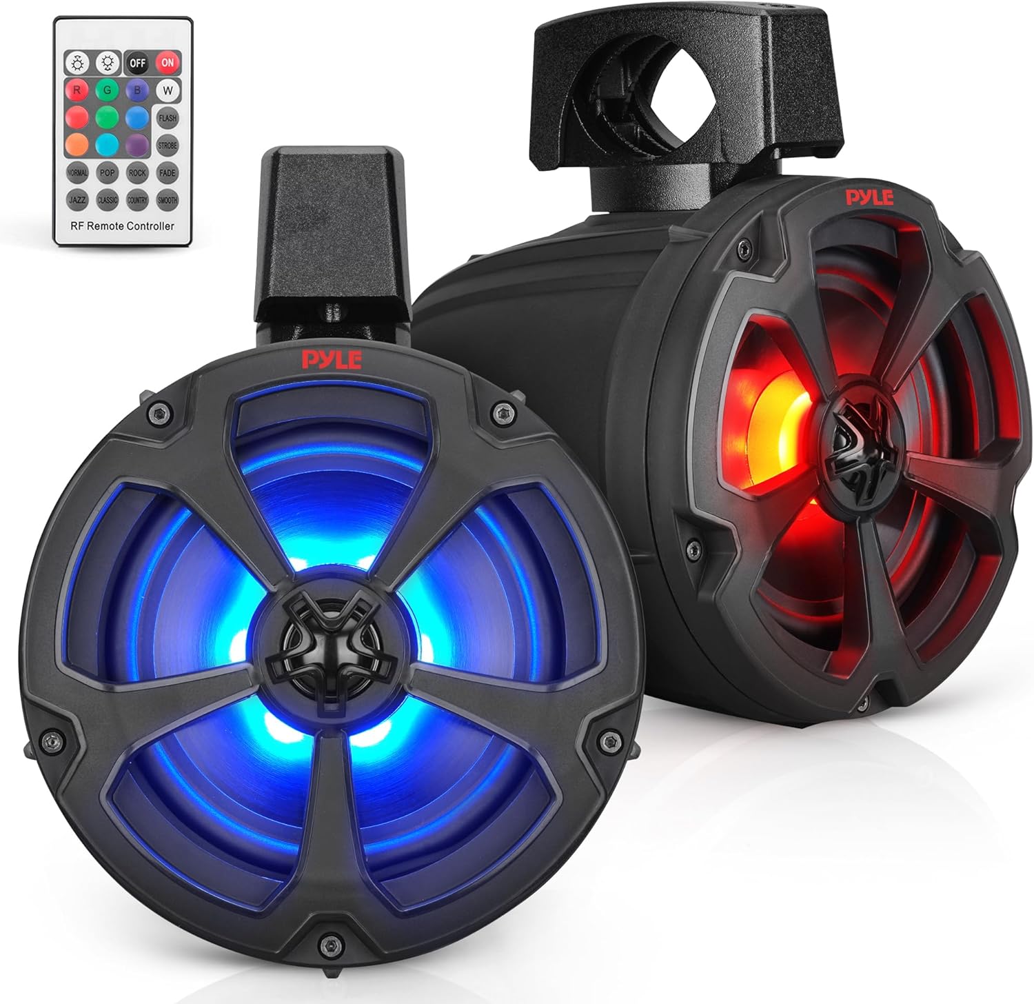 Pyle Marine Speakers, Boat Speakers, Waterproof Speakers, 6.5’’ Water-Resistant Bluetooth, 1200 Watt, RGB Lights, Remote Control, Aux Input, Universal Mounting Brackets, ATV, UTV, Jeep, PLUTV65BTR
