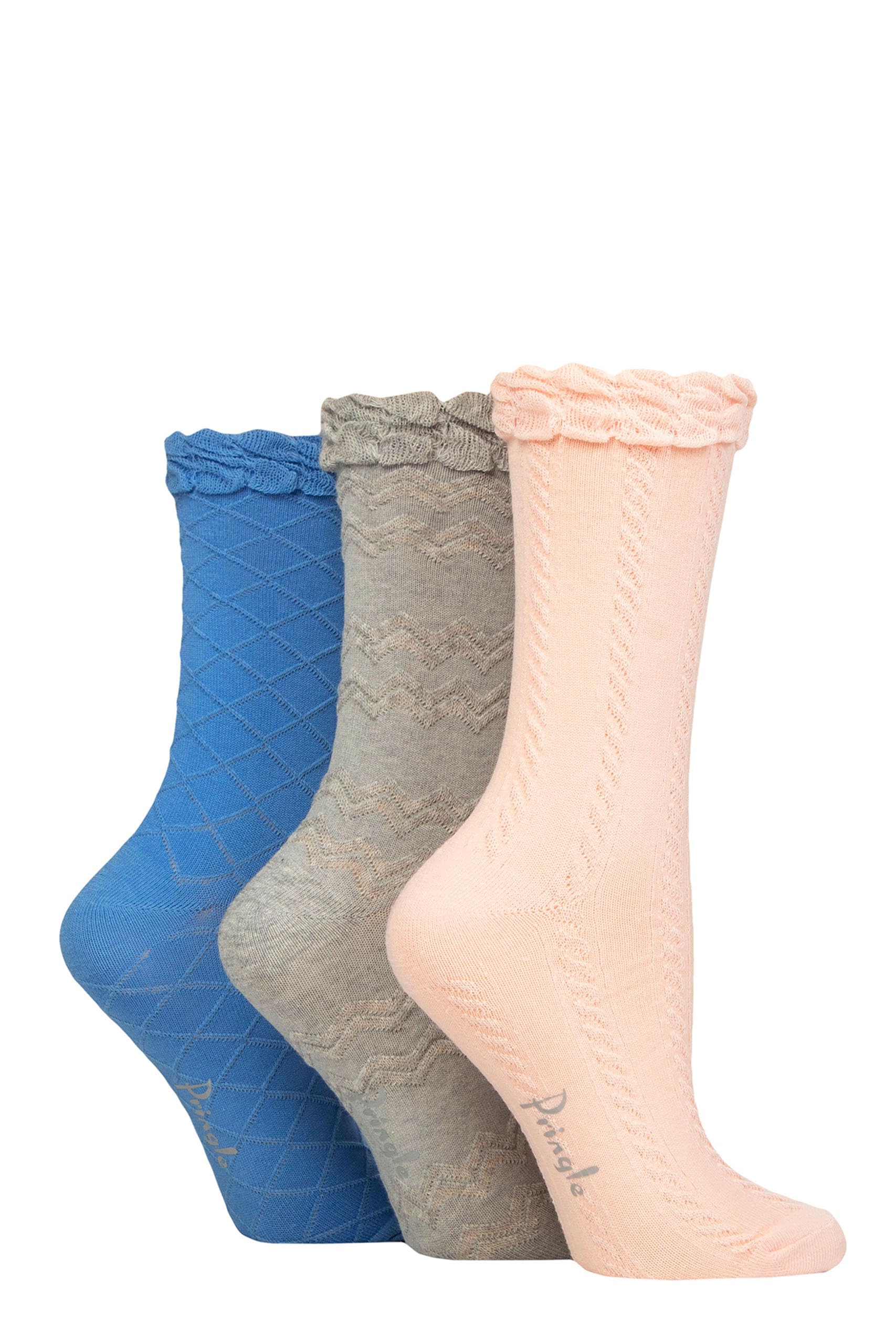 3 PAIRS : PRINGLE Textured Knit Navy / Mint Crew SOCKS 4-8 , 37-42 Cotton