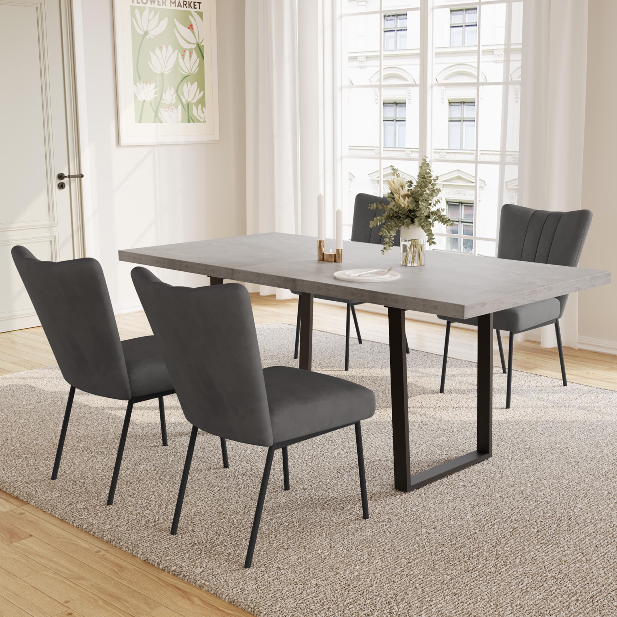 Table de salle à manger extensible en MDF pour 4-6 personnes avec 4 chaises grises, table de cuisine polyvalente en bois 130-170 cm, idéale pour salle à manger et espace de cuisine