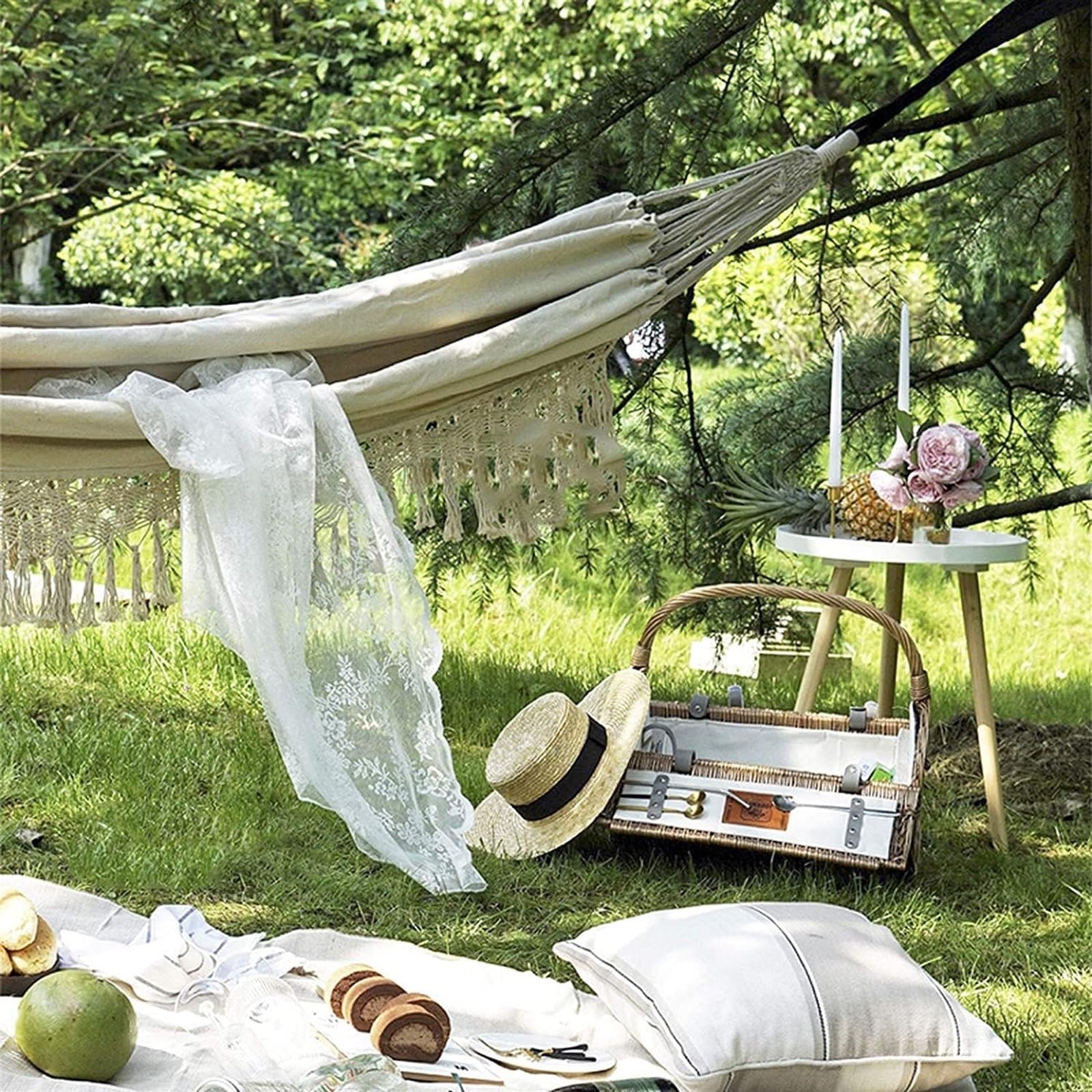 Hamak Ultralekki, Hammock 200x150 Cm Hamak Z Frędzlami Lina Huśtawka Płótno Solidna Smycz Fotel Bujany Na Zewnątrz Kryty Ogród na Kemping, na Zewnątrz(Black)