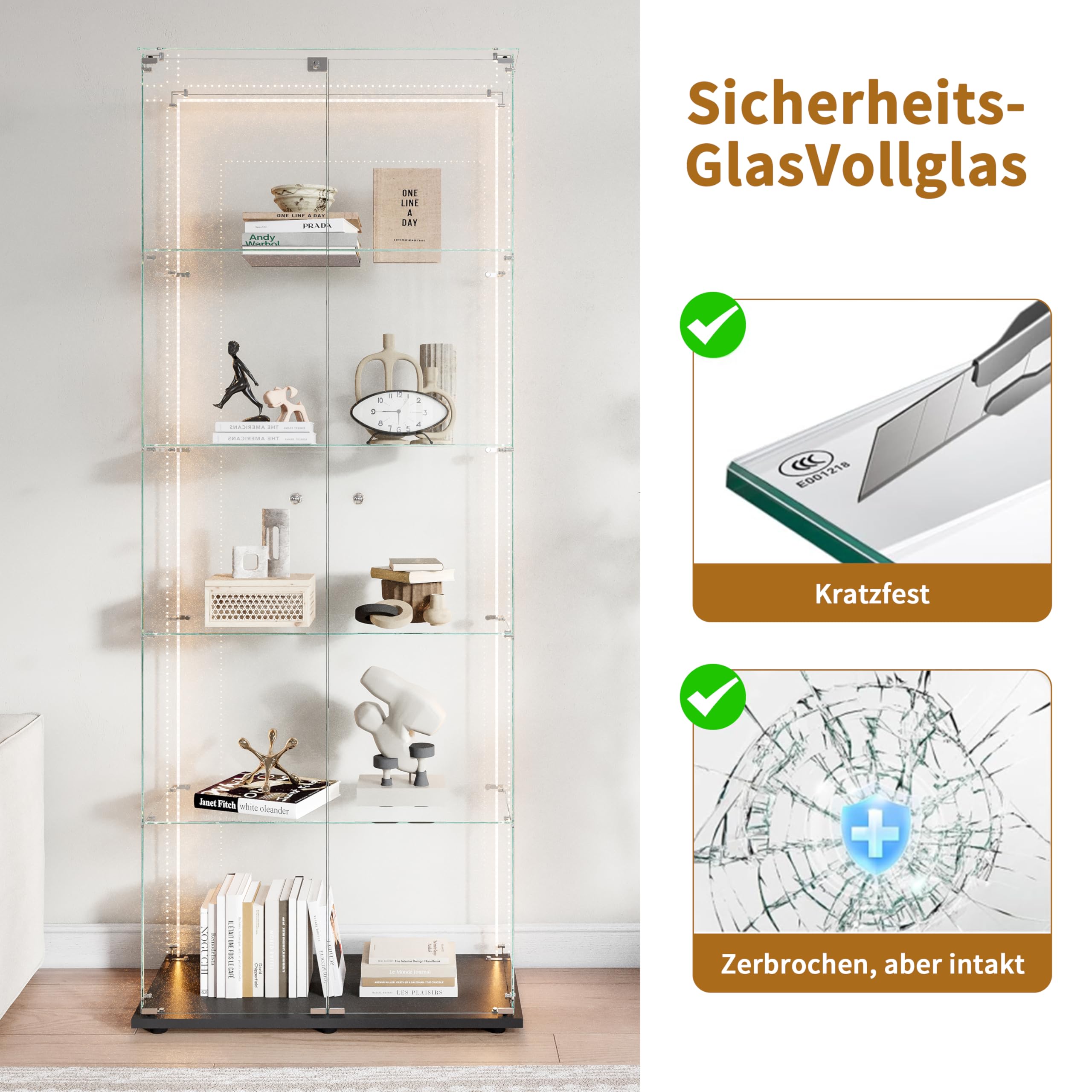 Vitrine en Verre avec LED,Armoire vitrine pour Collection avec 2 Porte 5 étagères Transparent Meuble Vitrine Verre vitrines Figurine Armoire Salon Bar (5 étages 2 Porte+LED-1, Noir)