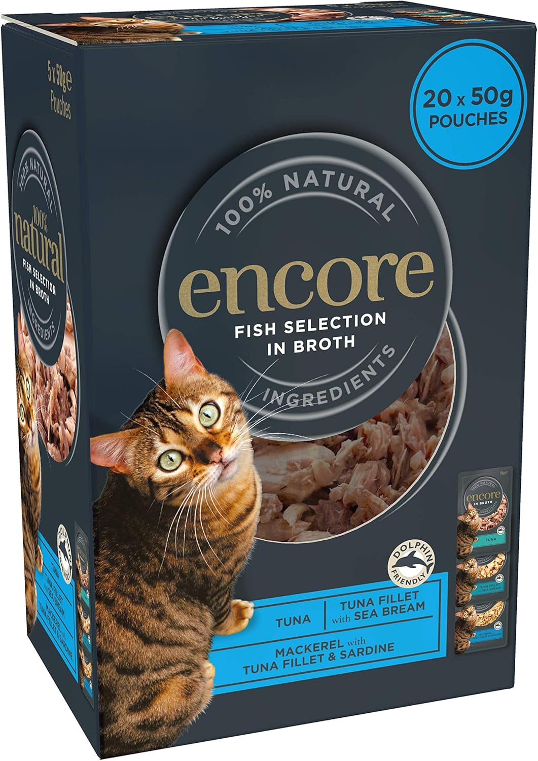 Encore 100 Natural Wet Cat Food, Fish Selection in Broth 50g Pouch (20