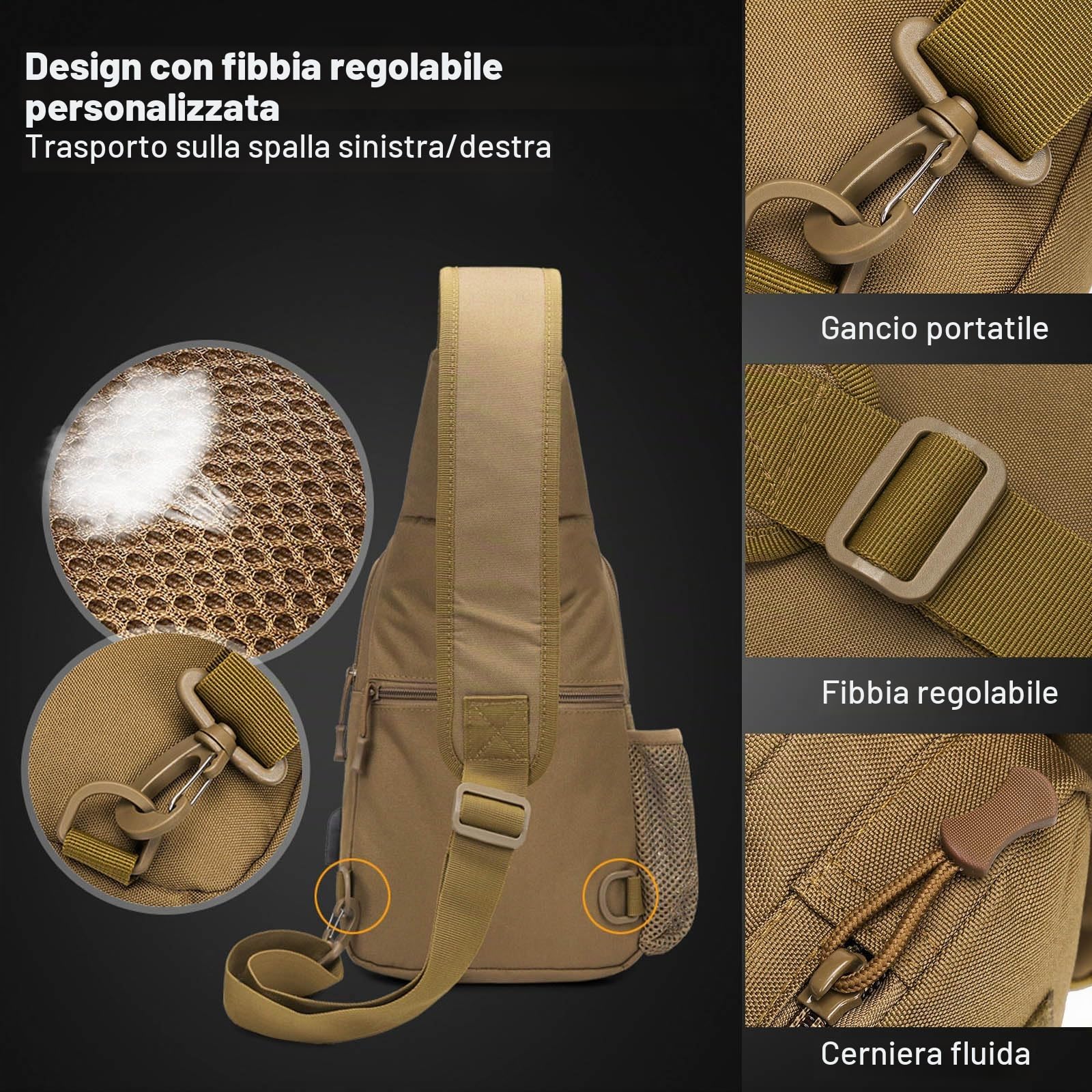 FANDARE Militare Zaino Monospalla da Uomo Tattico Borsello Uomo Donna Borsa a Spalla con USB Zaino da escursionismo per lavoro Ciclismo Viaggio Sports Borse piccole a tracolla Nero