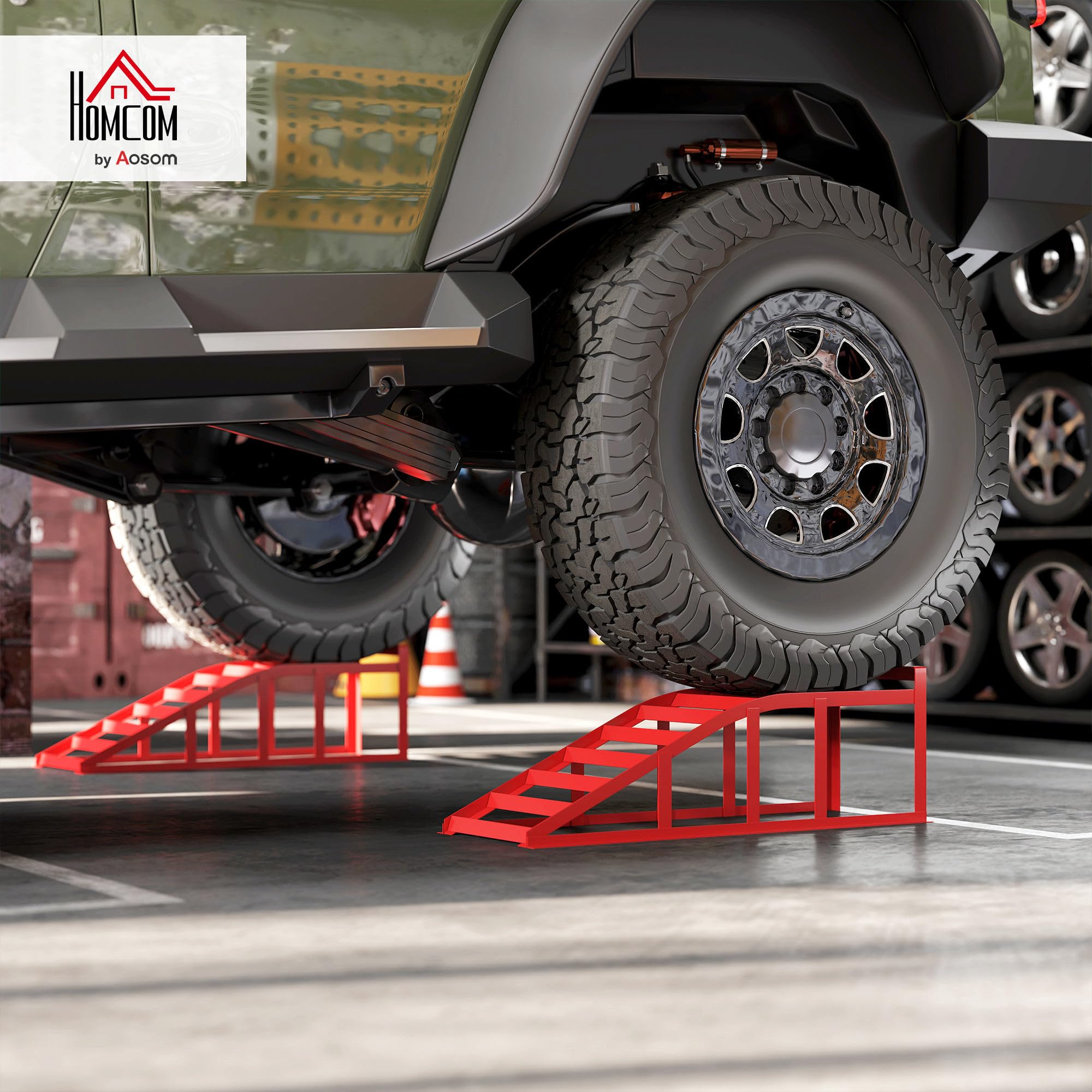 HOMCOM Juego de 2 rampas de acceso para coche, rampa de elevación de acero para coche, antideslizantes, para el mantenimiento y reparación de vehículos, para garaje, casa, taller, rojo