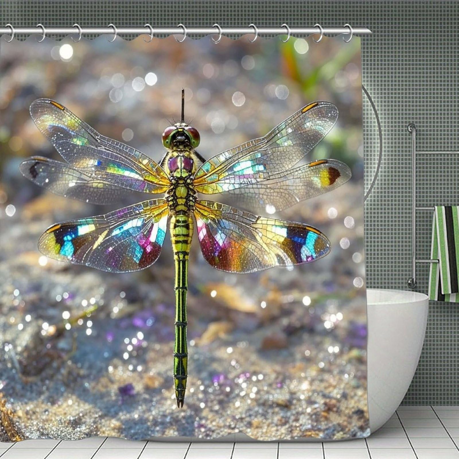 VstaDank Jewel Dragonfly Shower Curtain 71x71 Heavy Duty Polyester Cloth Bath Curtain with Hooks Thick Waterproof Shower Liner Fun Magic Decorative Bathroom Curtains for Bathtub
