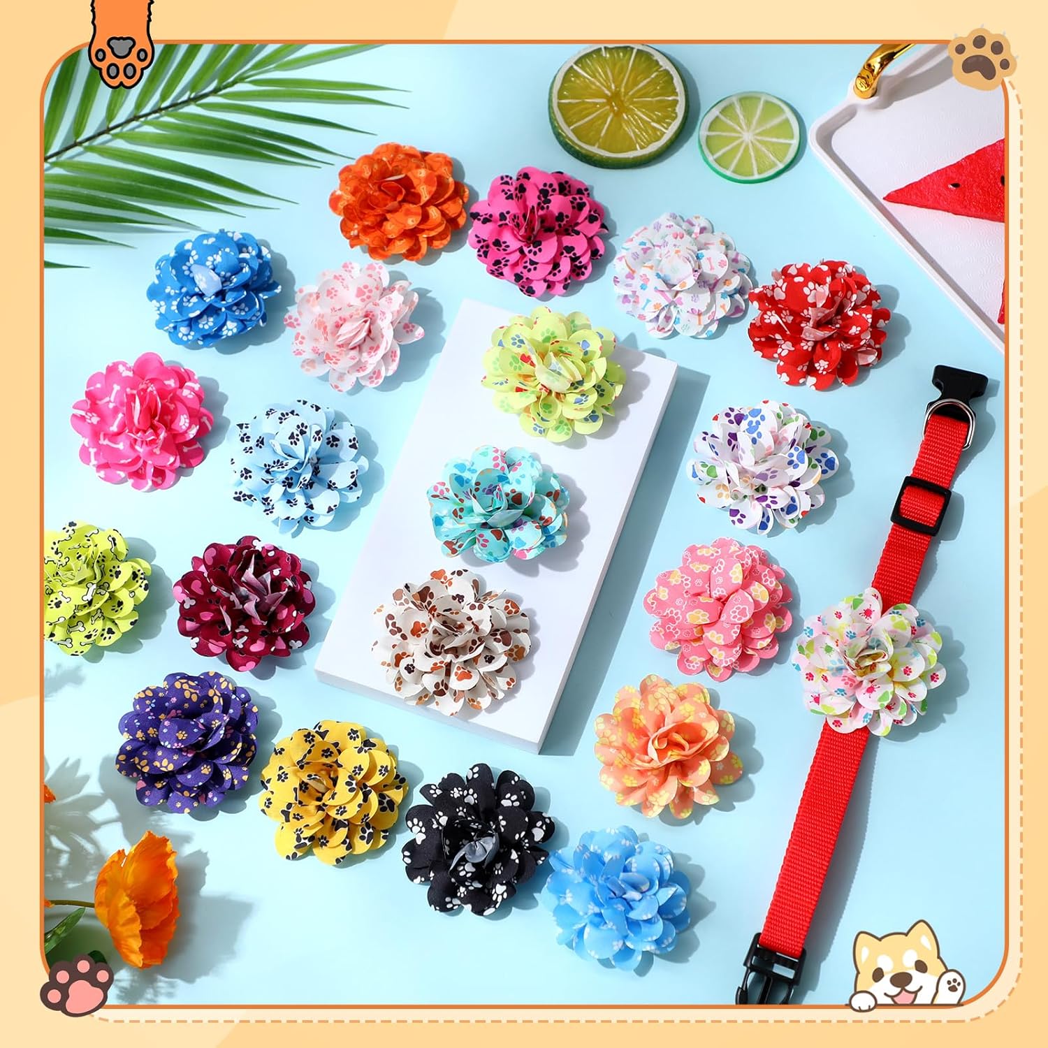 Huhumy 50 Pieces Paw Print Dog Collar Flowers Bulk Cute Footprints Dog Charms Grooming Accessories Bowtie Flower for Puppy Cat Collar Attachment Embellishment Pets Party Costume