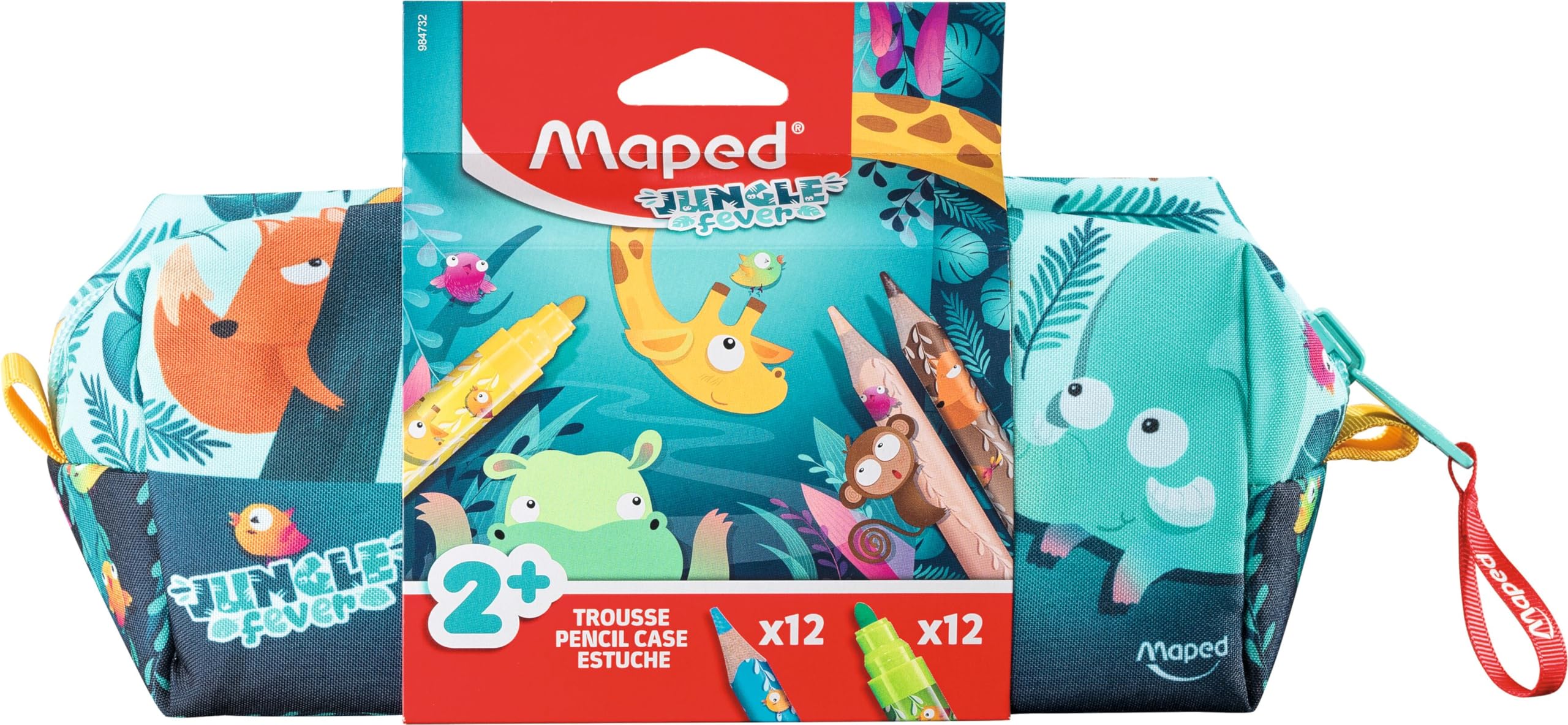 Maped JUNGLE FEVER - Estuche de tela para niños con herramientas para colorear - 12 lápices de colores + 12 rotuladores - Estuche lavable para niños a partir de 2 años