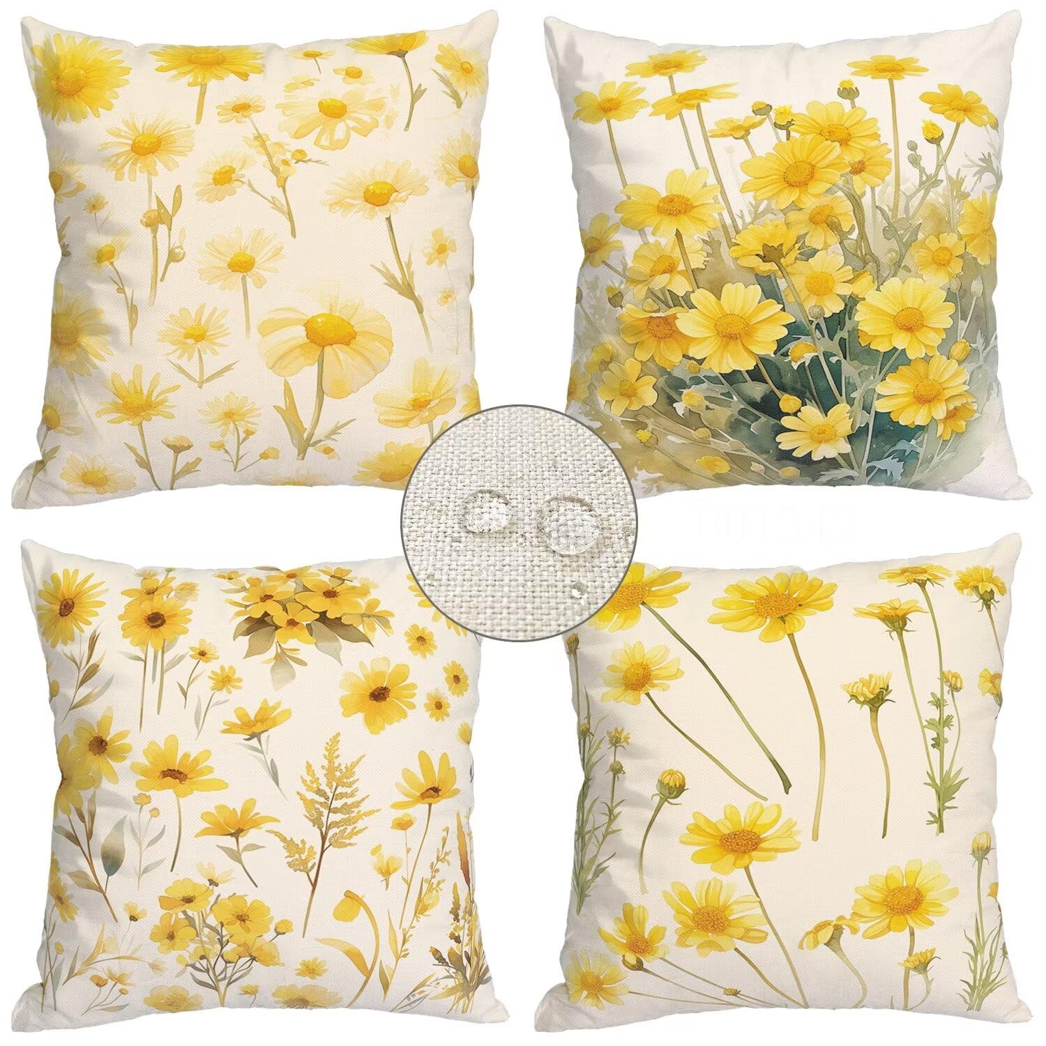 Cushion Covers 45x45cm Set of 4 Yellow Flower Cushion Covers Decorative Pillow Outdoor Cushion Covers,Linen Cushion Cover 18x18in, Throw Pillow Covers for Garden Patio Living Room Sofa Decor s-7