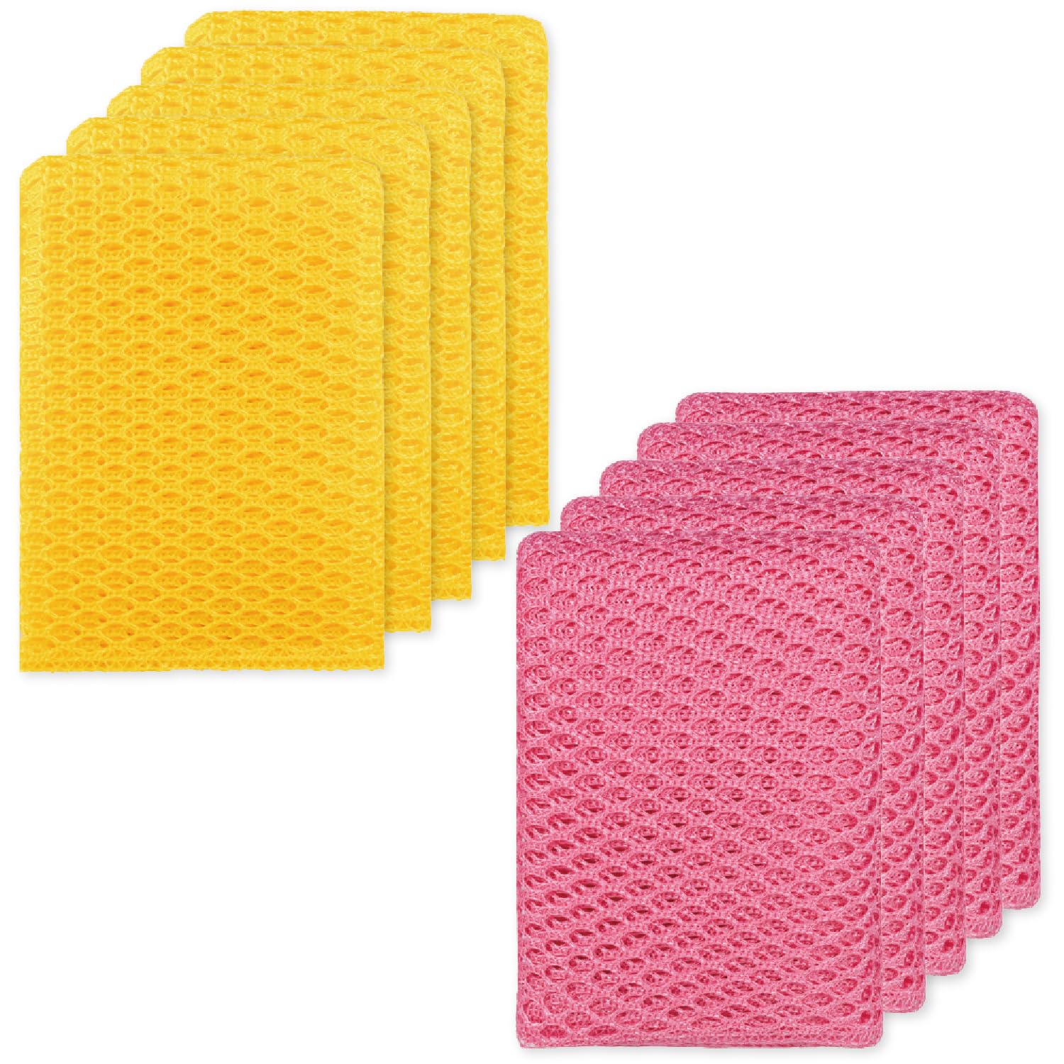 Basic Dish Wash Net (10Pcs) - All Purpose, Non-Scratch, Heavy Duty Dish Scrubbers for Cleaning Dishes, Pots and Pans Color Pink (Pink & Yellow 10 Pcs)