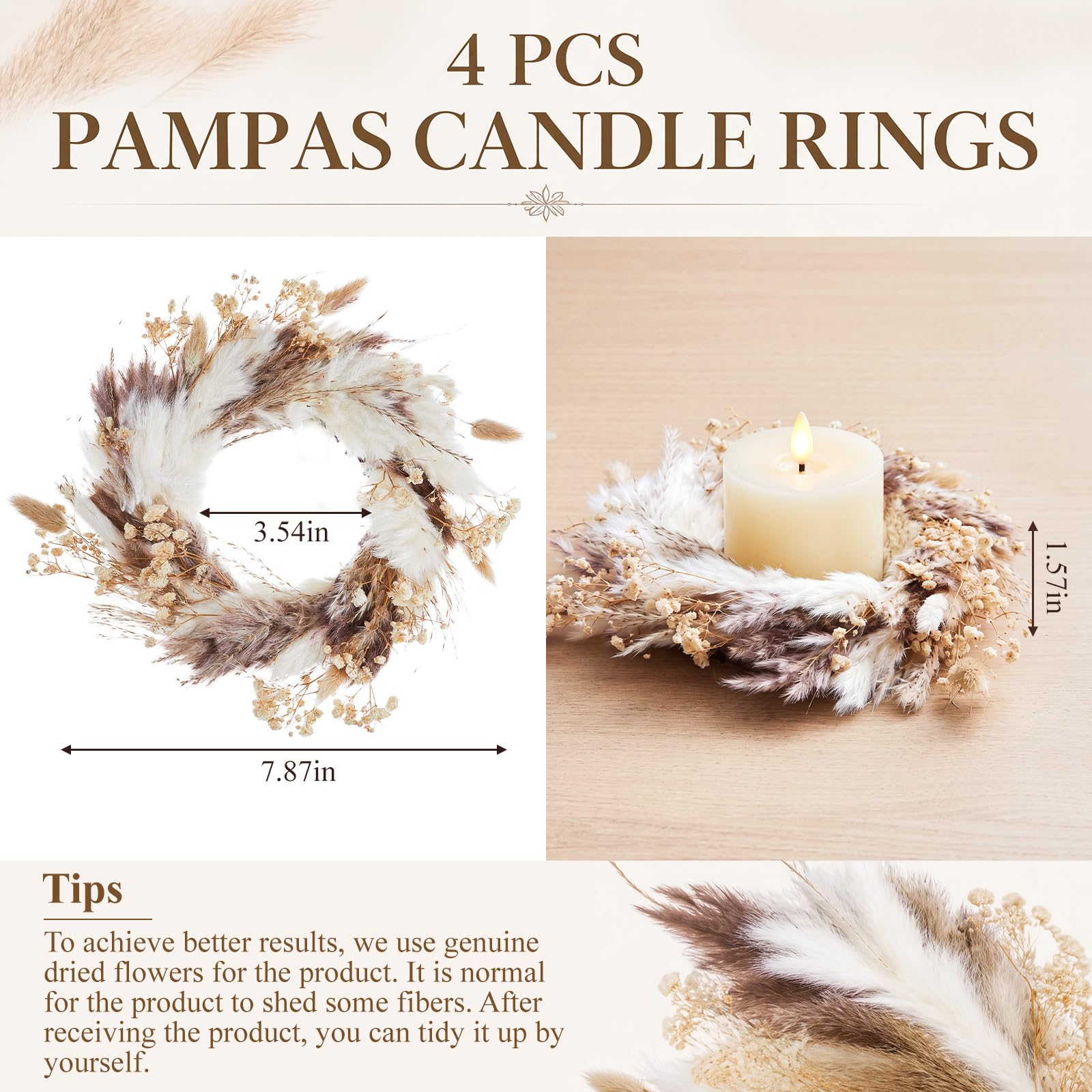Leinuosen 4 Stück Boho Pampasgras Kerzenring Kränze, getrocknete Blume Kerzenring für LED-Kerzen, Boho-Kerzenhalter, Kränze für Hochzeit, Herbst, Tischplatte, Bauernhaus-Dekor