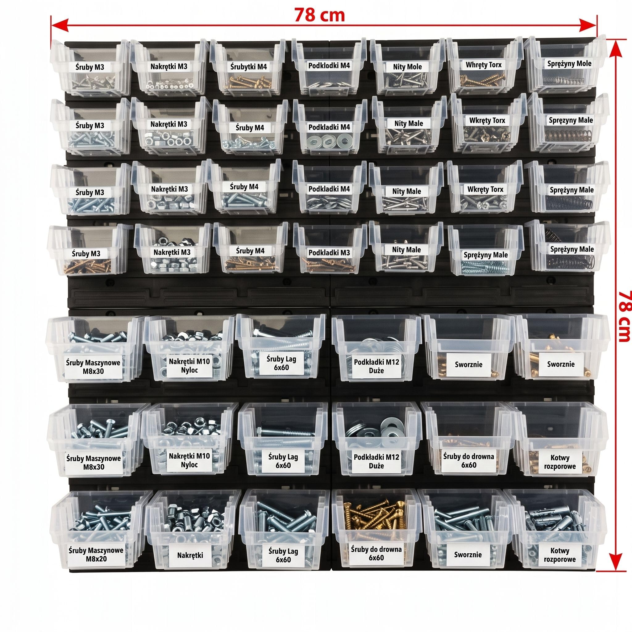Étagère murale d'atelier avec 46 boîtes de tri transparentes, système de rangement pour vis, écrous et petites pièces, en plastique, 78 x 78 cm, capacité de charge jusqu'à 40 kg, pour garage, entrepôt