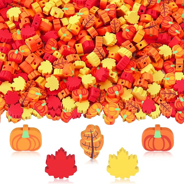 300Pcs Fall Leaf Pumpkin Polymer Clay Beads for Jewelry Making | Premium Clay, 1cm Mini Size, Autumn Thanksgiving Spacer Beads, Bracelet Necklace Earrings Jewelry Making DIY Crafts Supplies